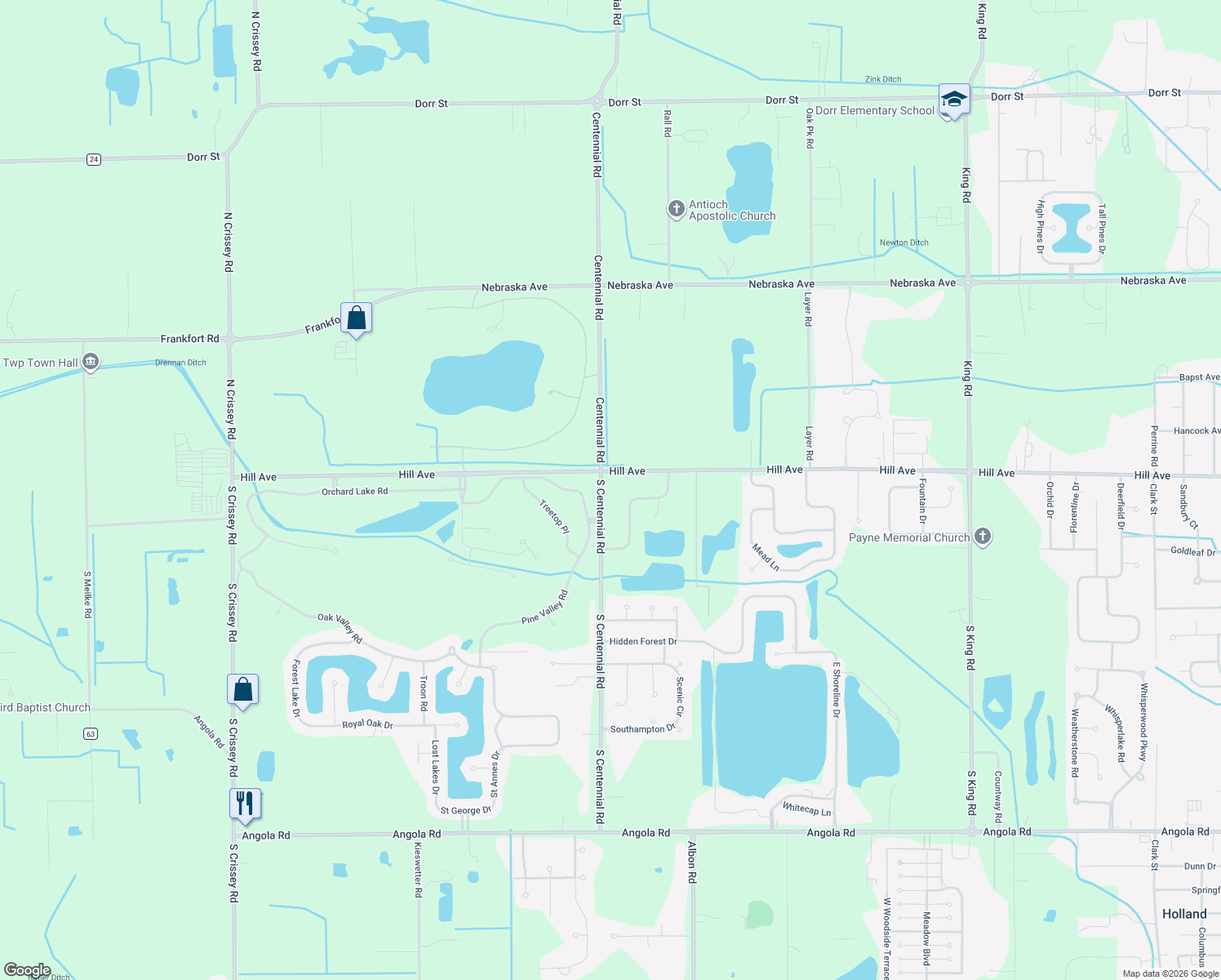 map of restaurants, bars, coffee shops, grocery stores, and more near 27 S Centennial Rd in Holland