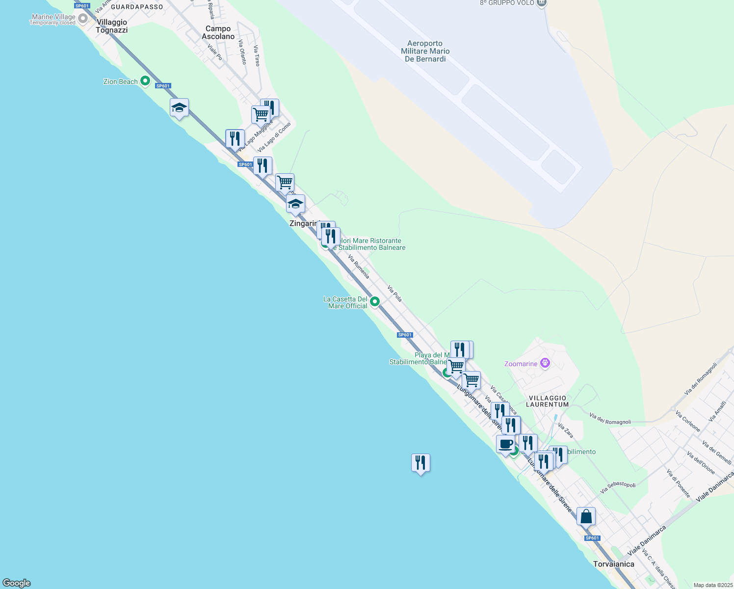 map of restaurants, bars, coffee shops, grocery stores, and more near 311 SP601 in Torvaianica