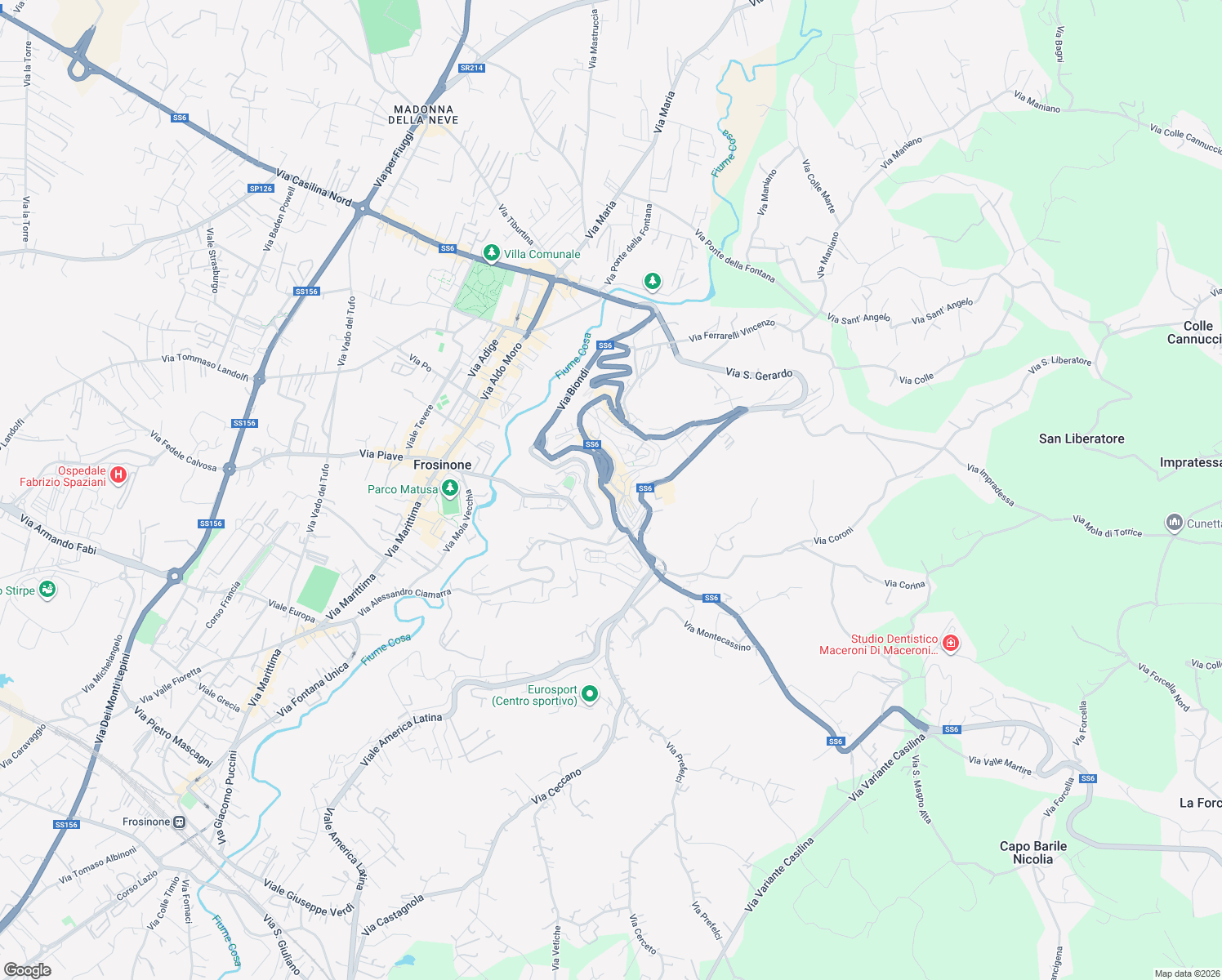 map of restaurants, bars, coffee shops, grocery stores, and more near 151 Corso della Repubblica in Frosinone