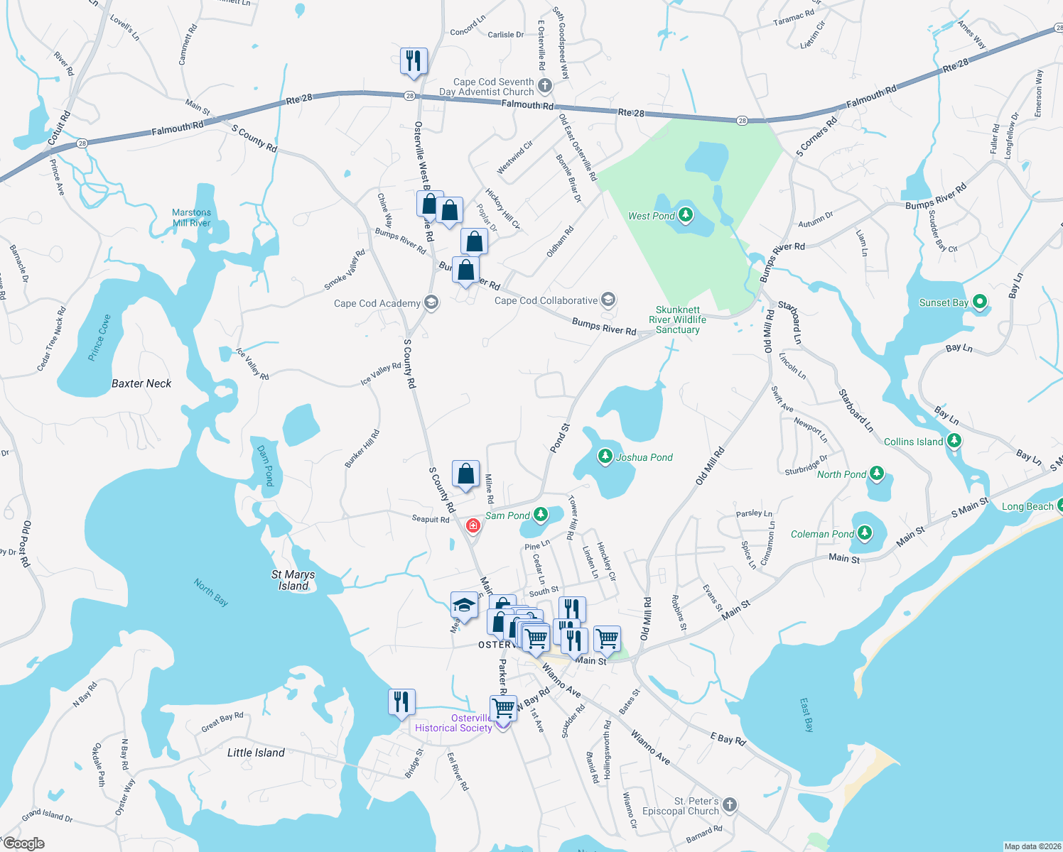 map of restaurants, bars, coffee shops, grocery stores, and more near 116 Waterfield Road in Barnstable