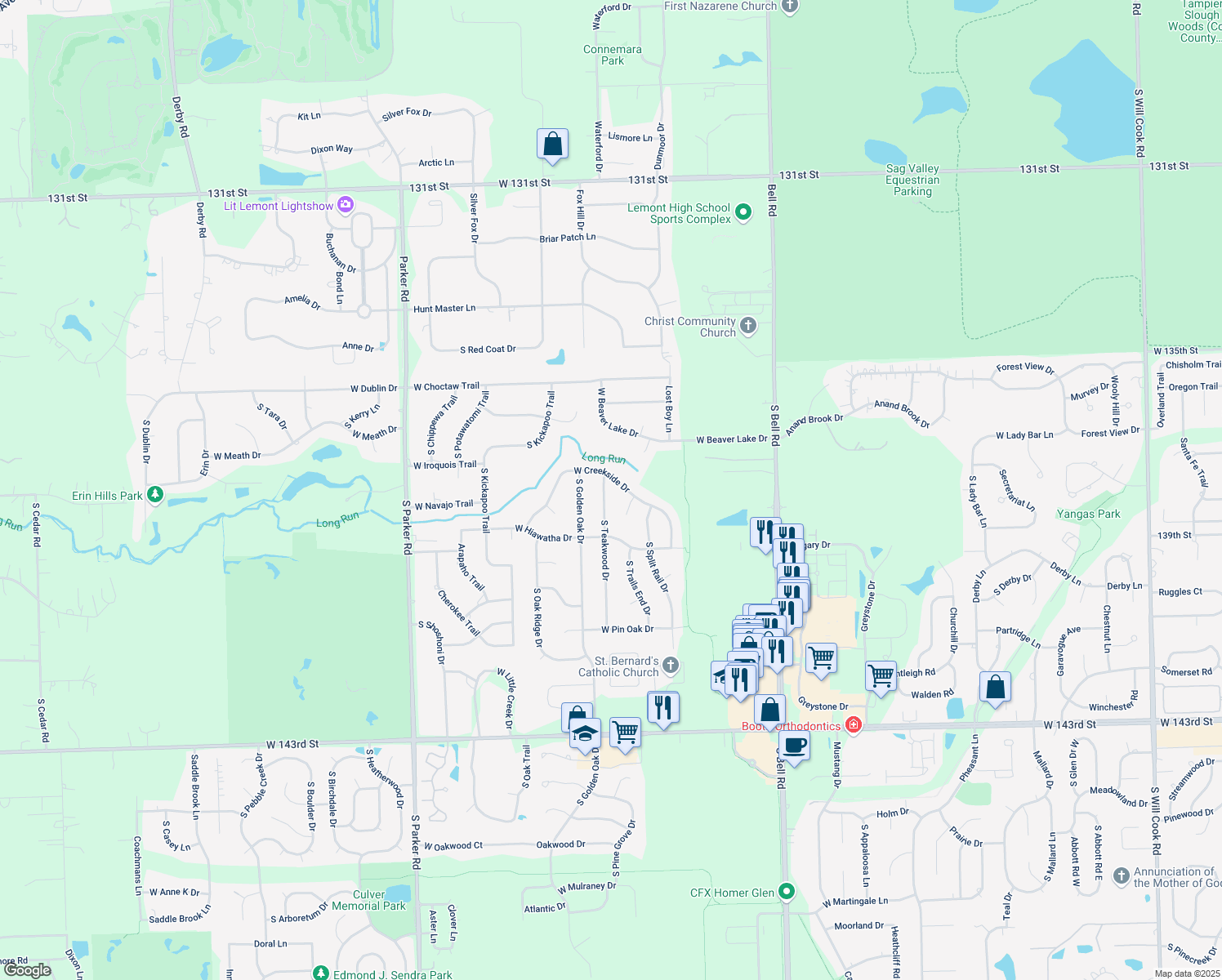 map of restaurants, bars, coffee shops, grocery stores, and more near 13745 South Teakwood Drive in Lockport