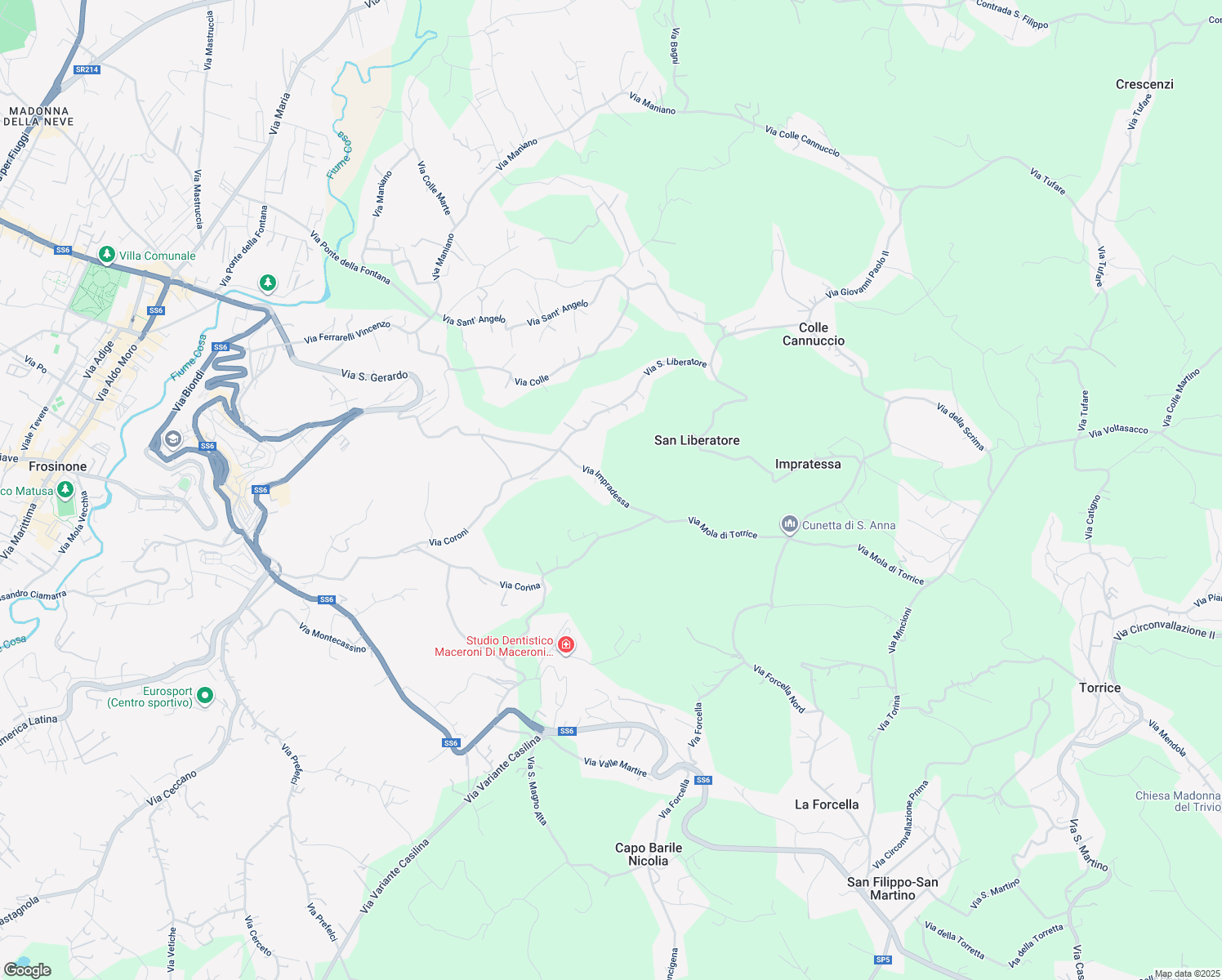 map of restaurants, bars, coffee shops, grocery stores, and more near 12 Via Impradessa in Frosinone