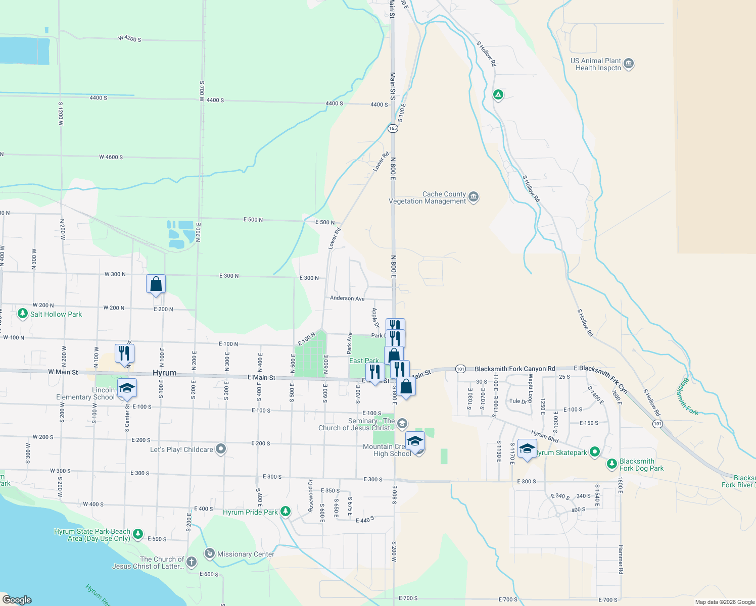 map of restaurants, bars, coffee shops, grocery stores, and more near 280 Apple Drive in Hyrum