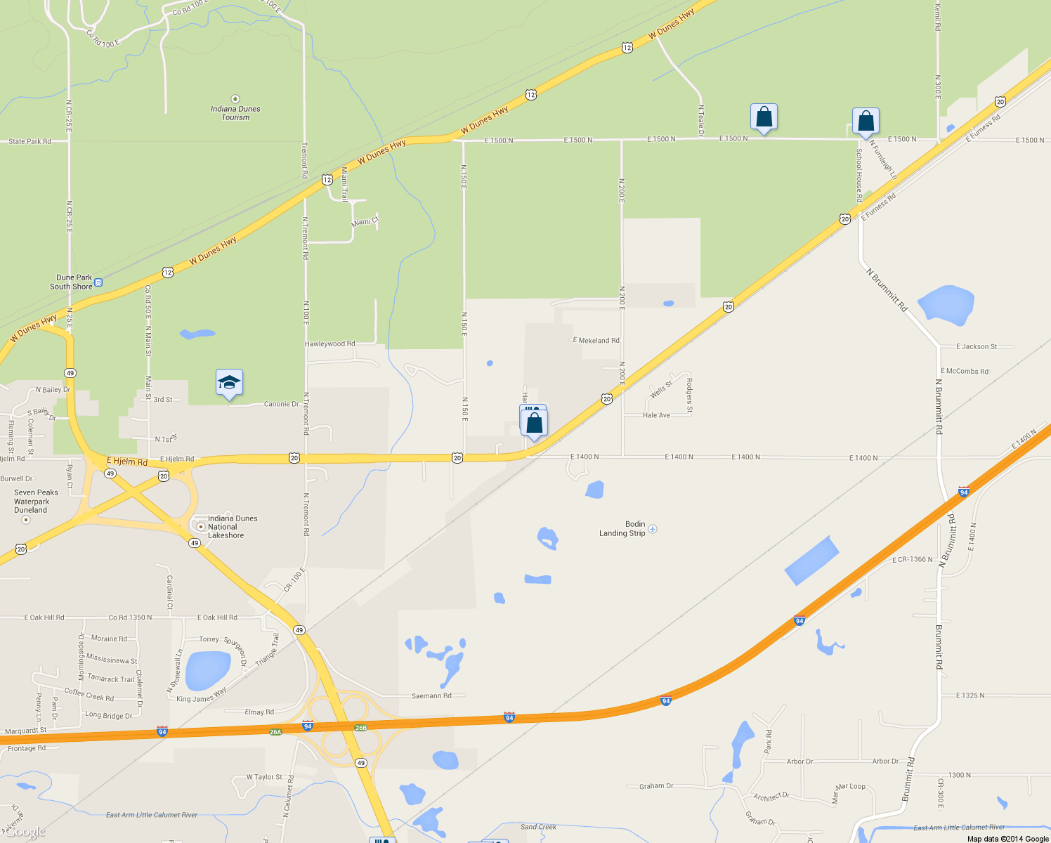 map of restaurants, bars, coffee shops, grocery stores, and more near Harrison Rd in Chesterton