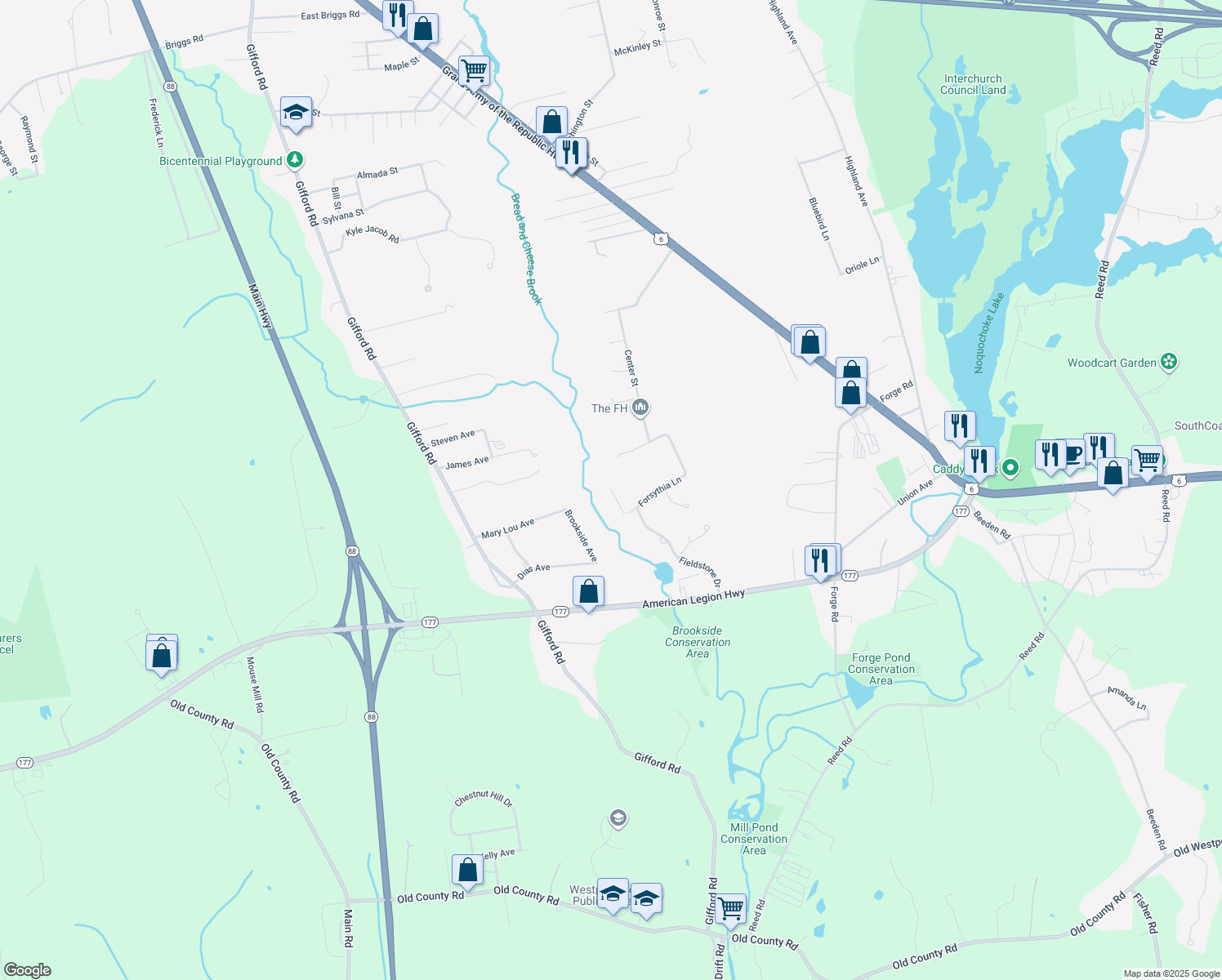 map of restaurants, bars, coffee shops, grocery stores, and more near 49 Forsythia Lane in Westport