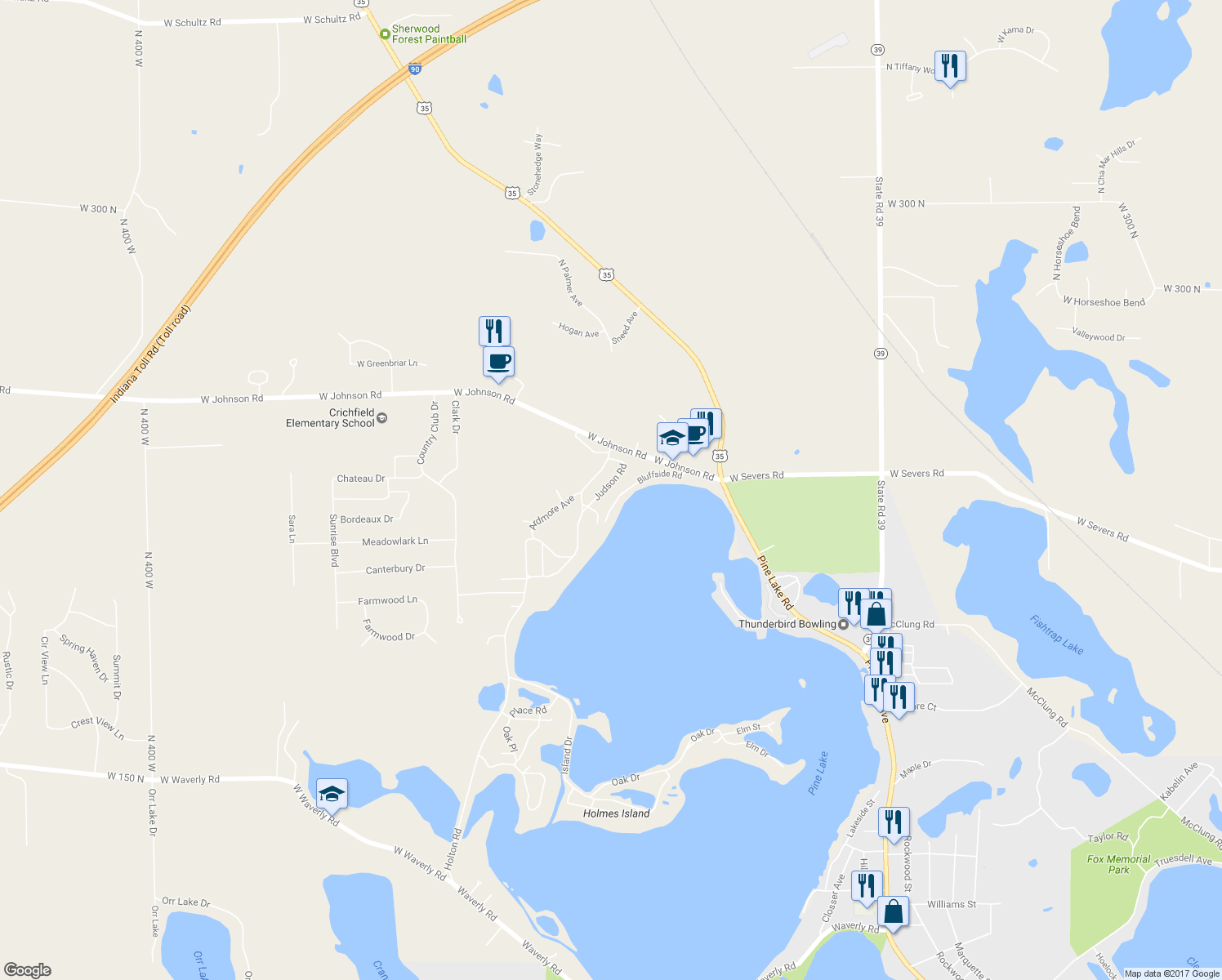 map of restaurants, bars, coffee shops, grocery stores, and more near 125 Judson Road in La Porte