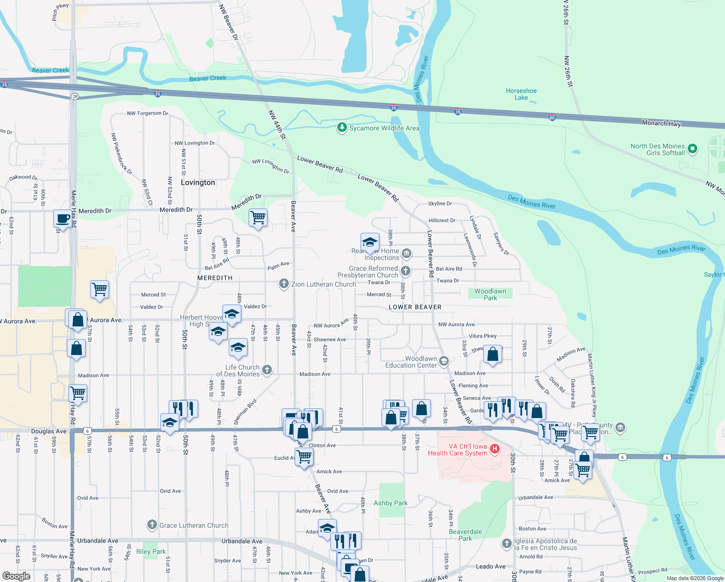 map of restaurants, bars, coffee shops, grocery stores, and more near 3935 Merced Street in Des Moines
