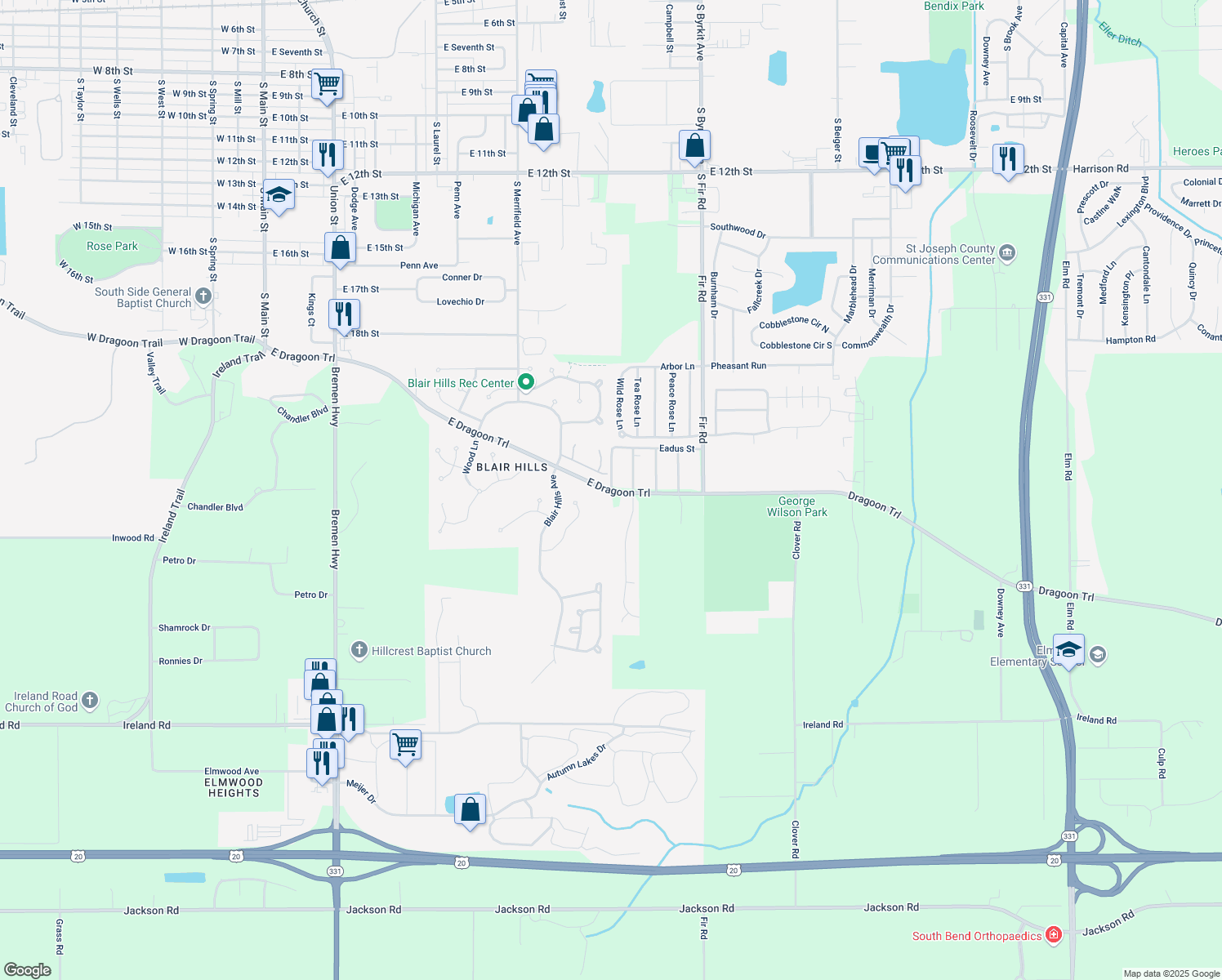 map of restaurants, bars, coffee shops, grocery stores, and more near 1198 E Dragoon Trail in Mishawaka