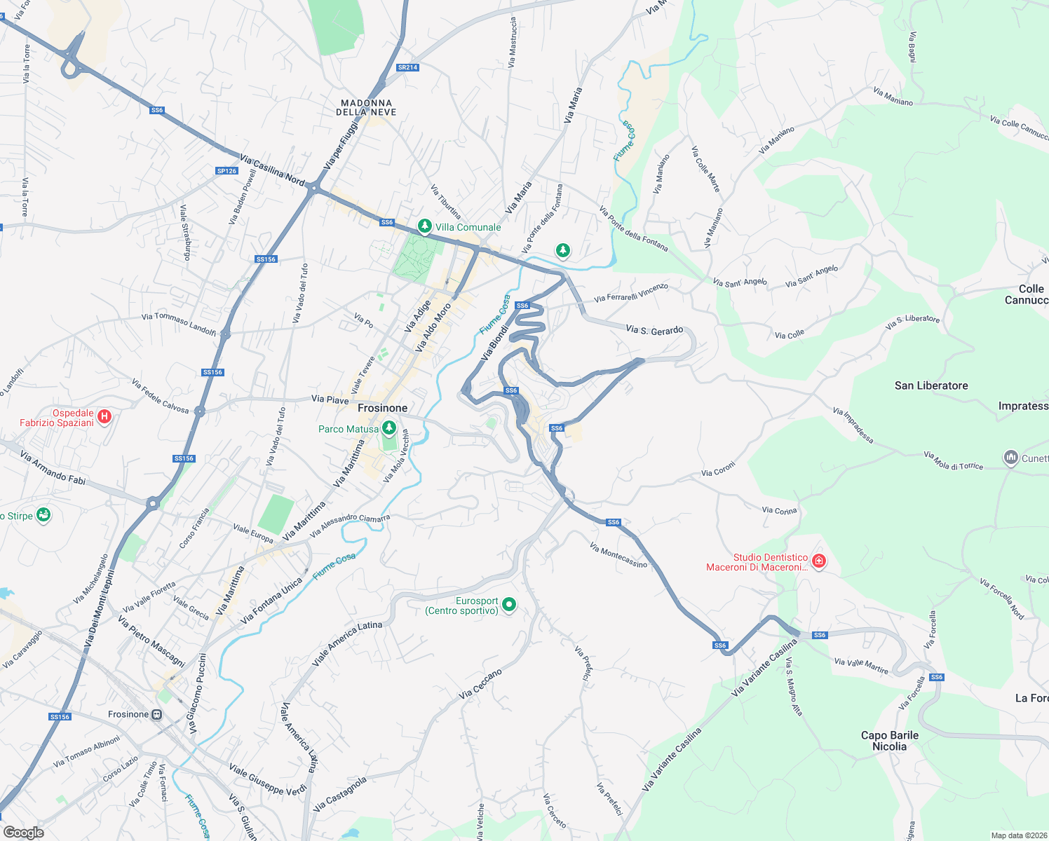 map of restaurants, bars, coffee shops, grocery stores, and more near 151 Corso della Repubblica in Frosinone