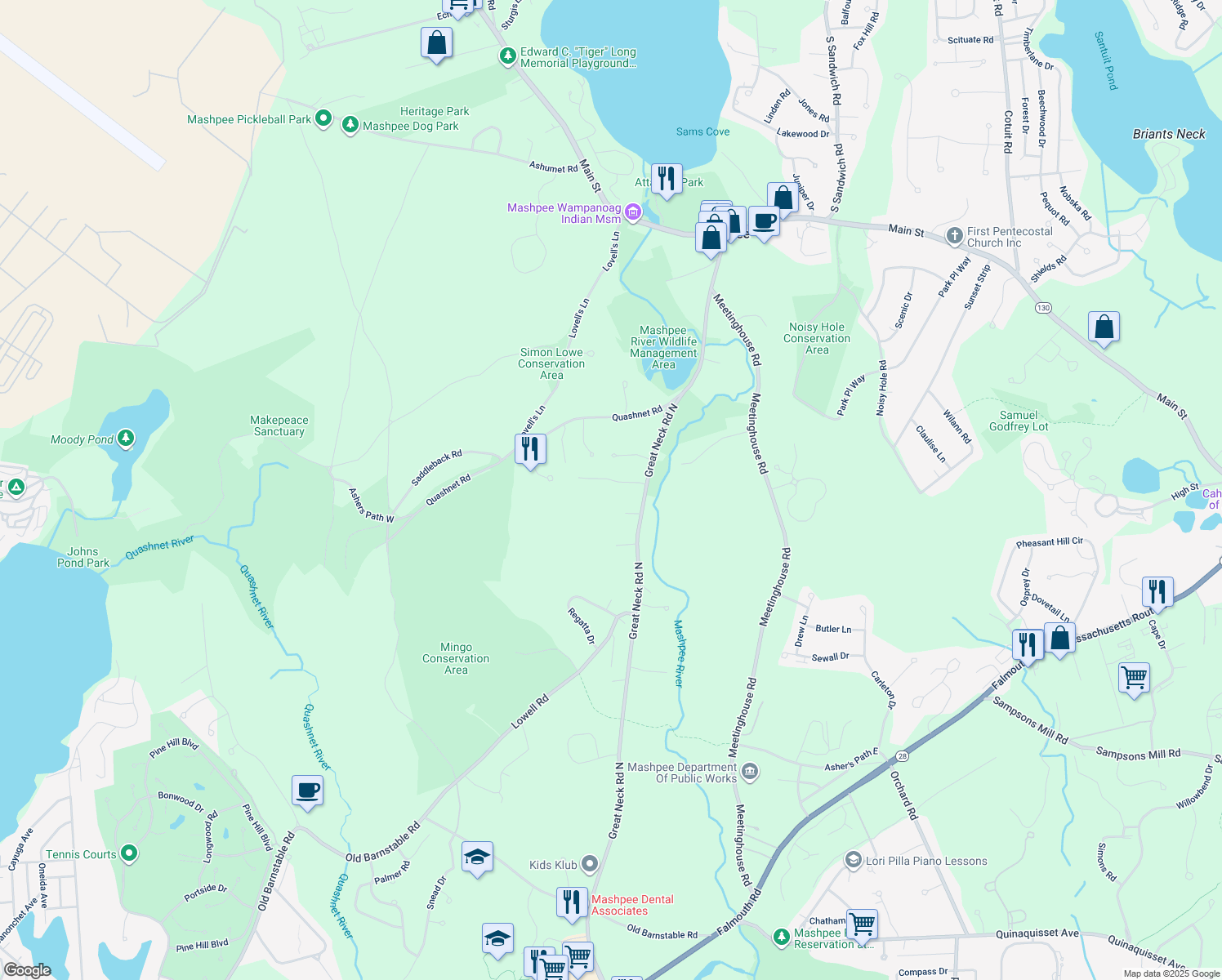 map of restaurants, bars, coffee shops, grocery stores, and more near 24 Coombs Ln in Mashpee