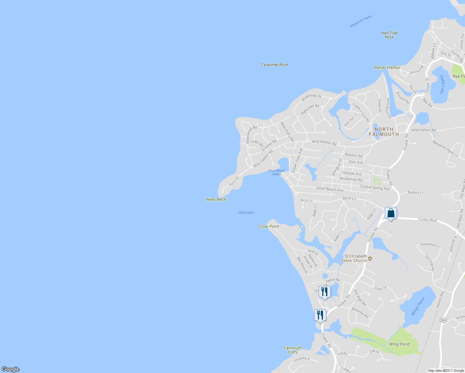 map of restaurants, bars, coffee shops, grocery stores, and more near 30 Point Road in Falmouth