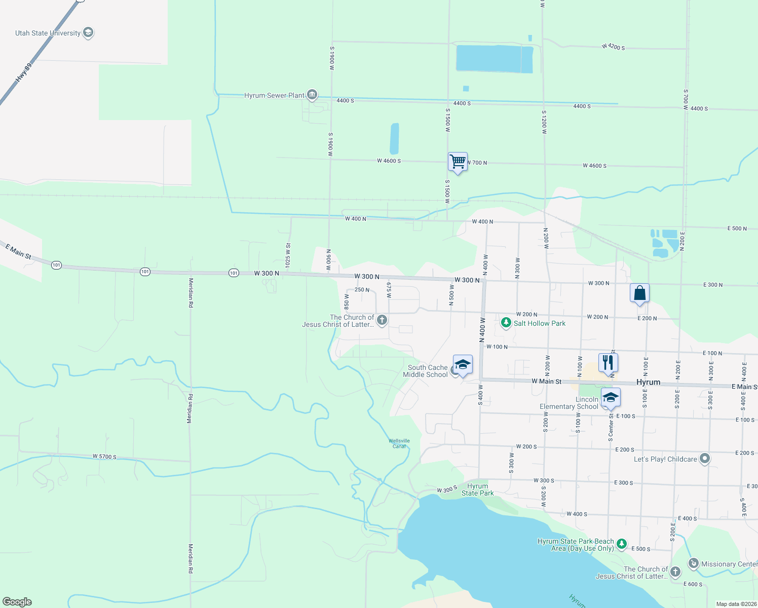 map of restaurants, bars, coffee shops, grocery stores, and more near 200 North 750 West in Hyrum