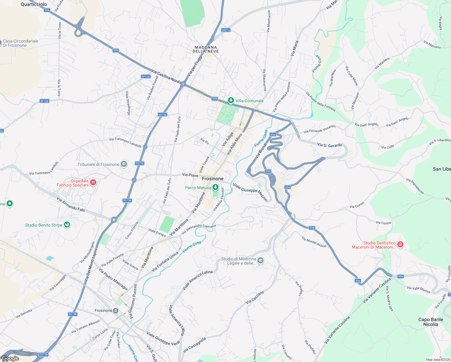 map of restaurants, bars, coffee shops, grocery stores, and more near 94 Viale Giuseppe Mazzini in Frosinone