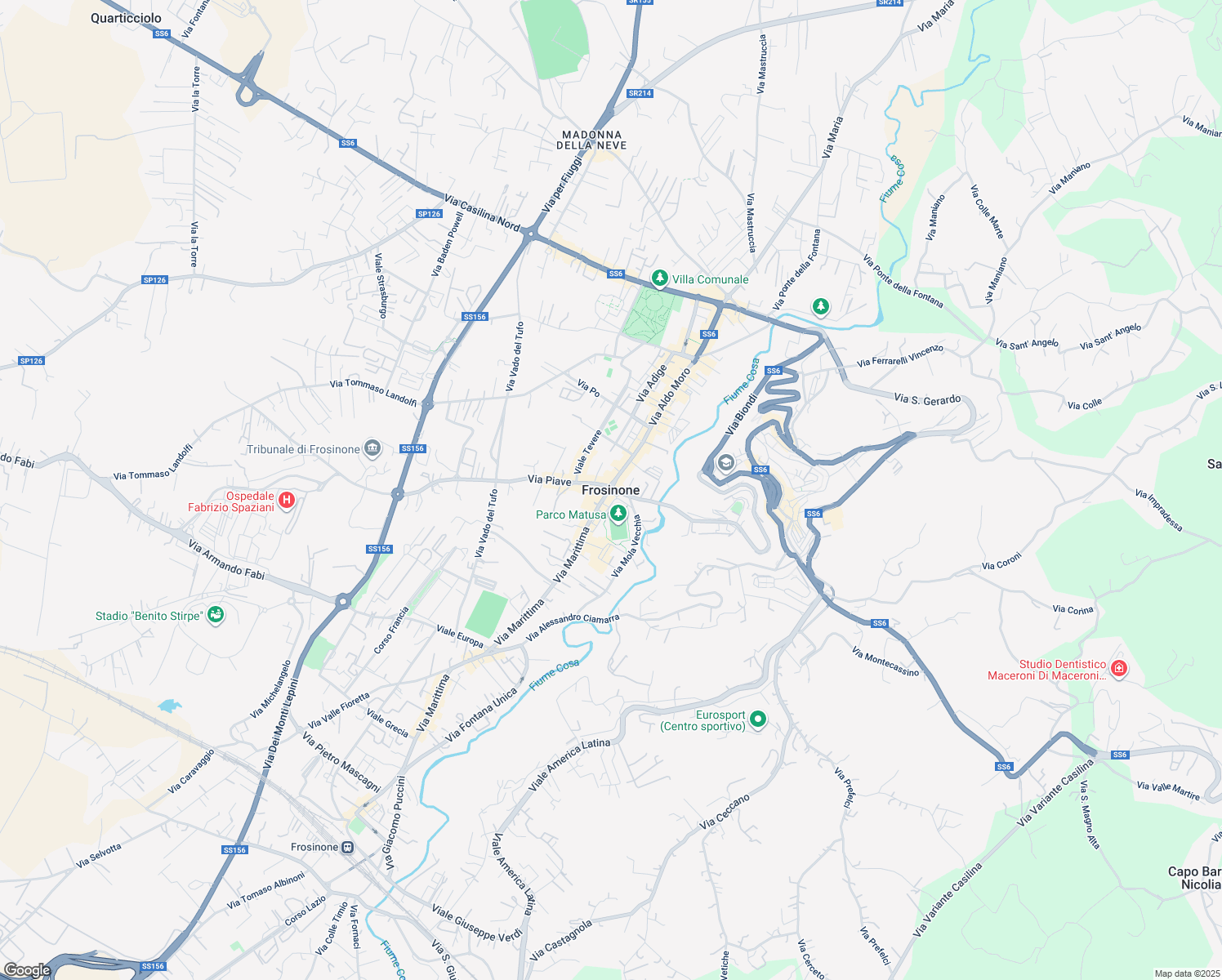 map of restaurants, bars, coffee shops, grocery stores, and more near in Frosinone