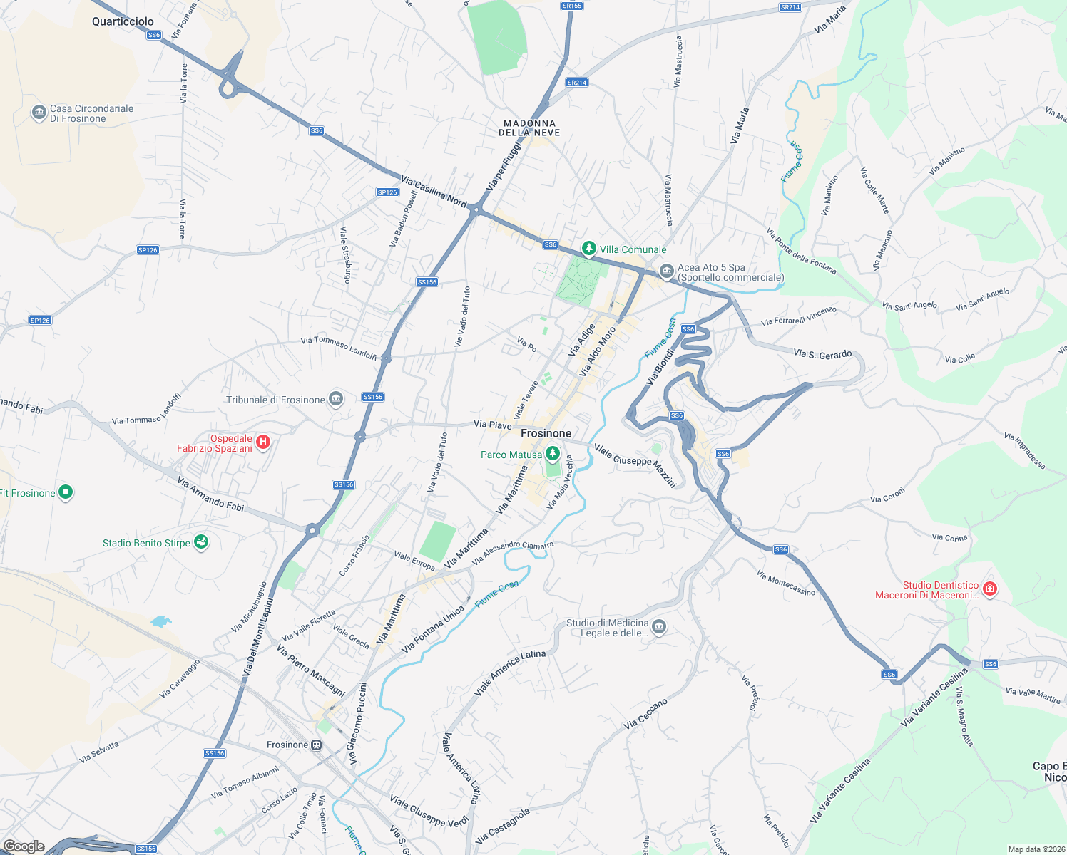 map of restaurants, bars, coffee shops, grocery stores, and more near in Frosinone