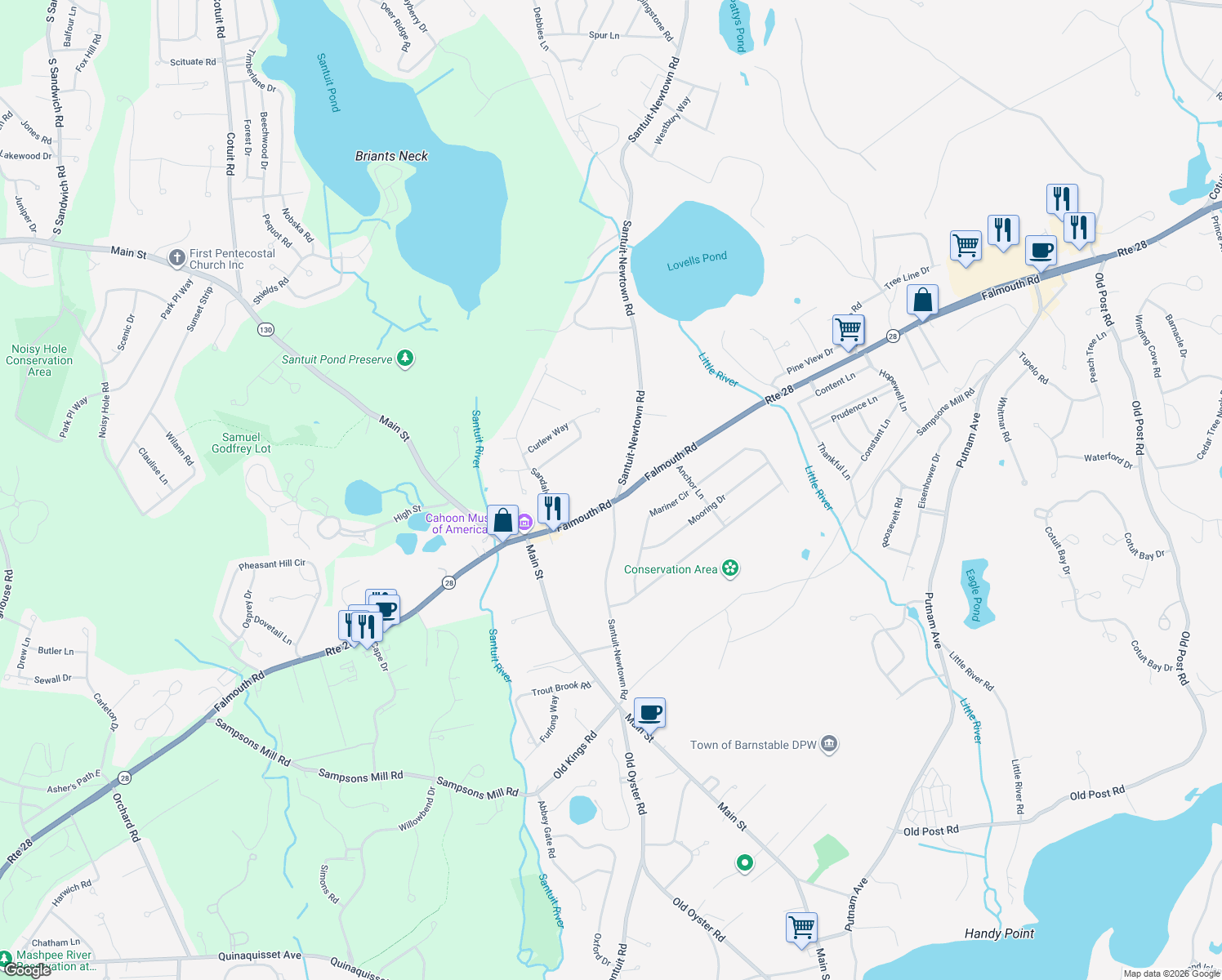 map of restaurants, bars, coffee shops, grocery stores, and more near 1627 Santuit-Newtown Road in Barnstable