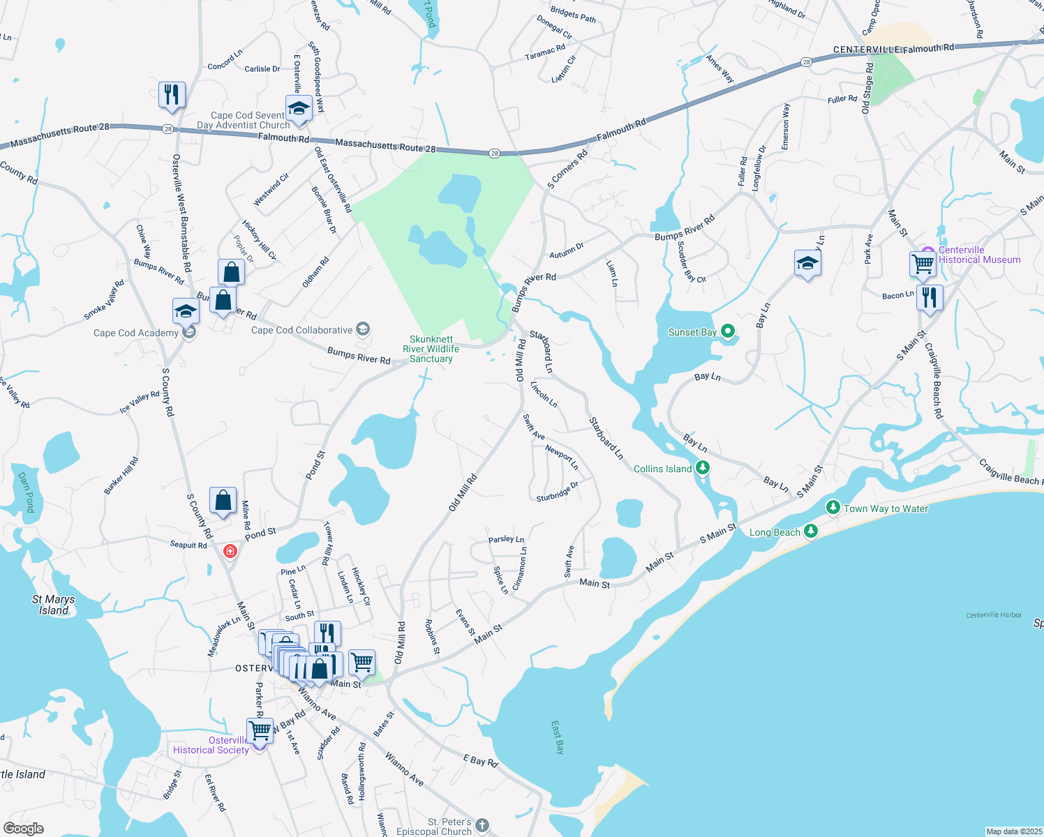 map of restaurants, bars, coffee shops, grocery stores, and more near 351 Swift Ave in Barnstable