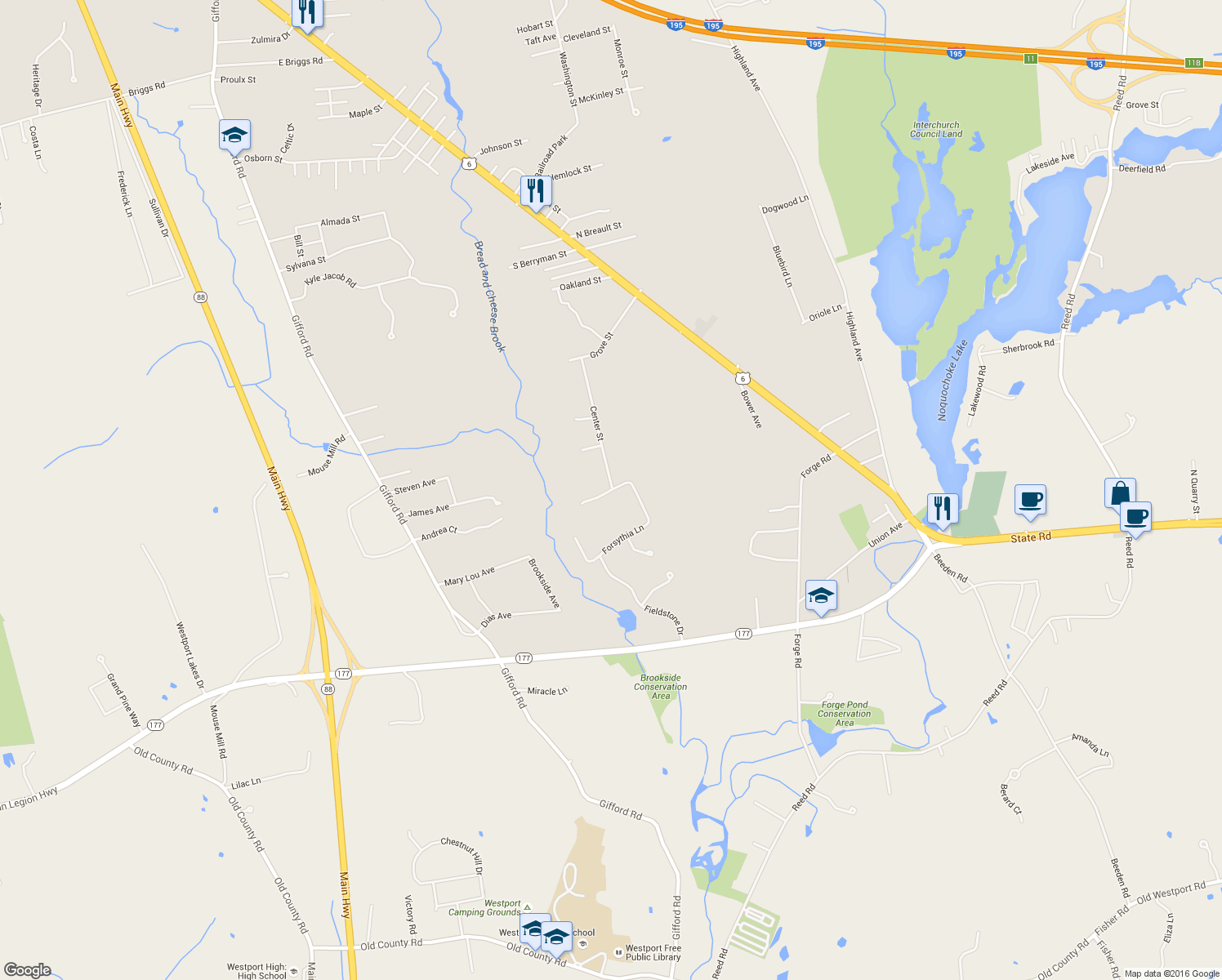 map of restaurants, bars, coffee shops, grocery stores, and more near 21 Forsythia Lane in Westport