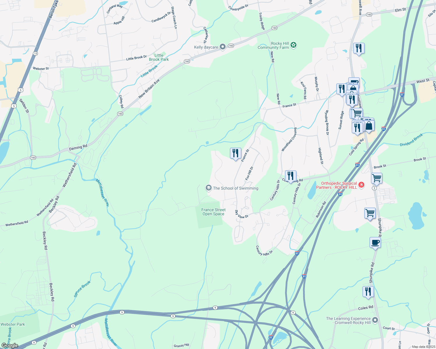 map of restaurants, bars, coffee shops, grocery stores, and more near 81 Speno Ridge in Rocky Hill