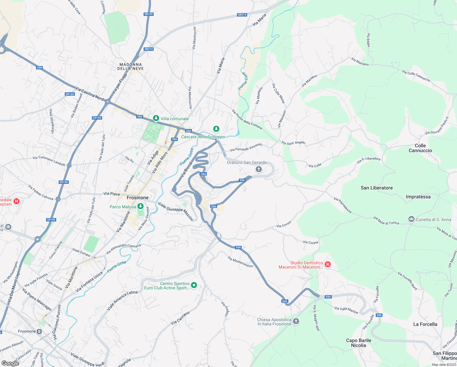 map of restaurants, bars, coffee shops, grocery stores, and more near Via Paleario Aonio in Frosinone
