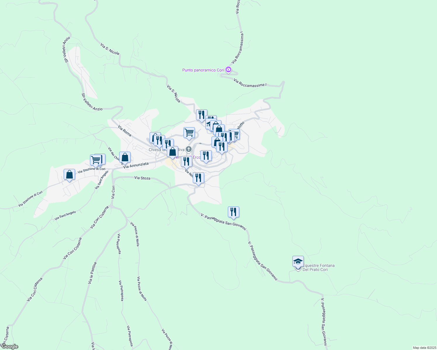 map of restaurants, bars, coffee shops, grocery stores, and more near 74 Via di Sotto le Mura in Cori
