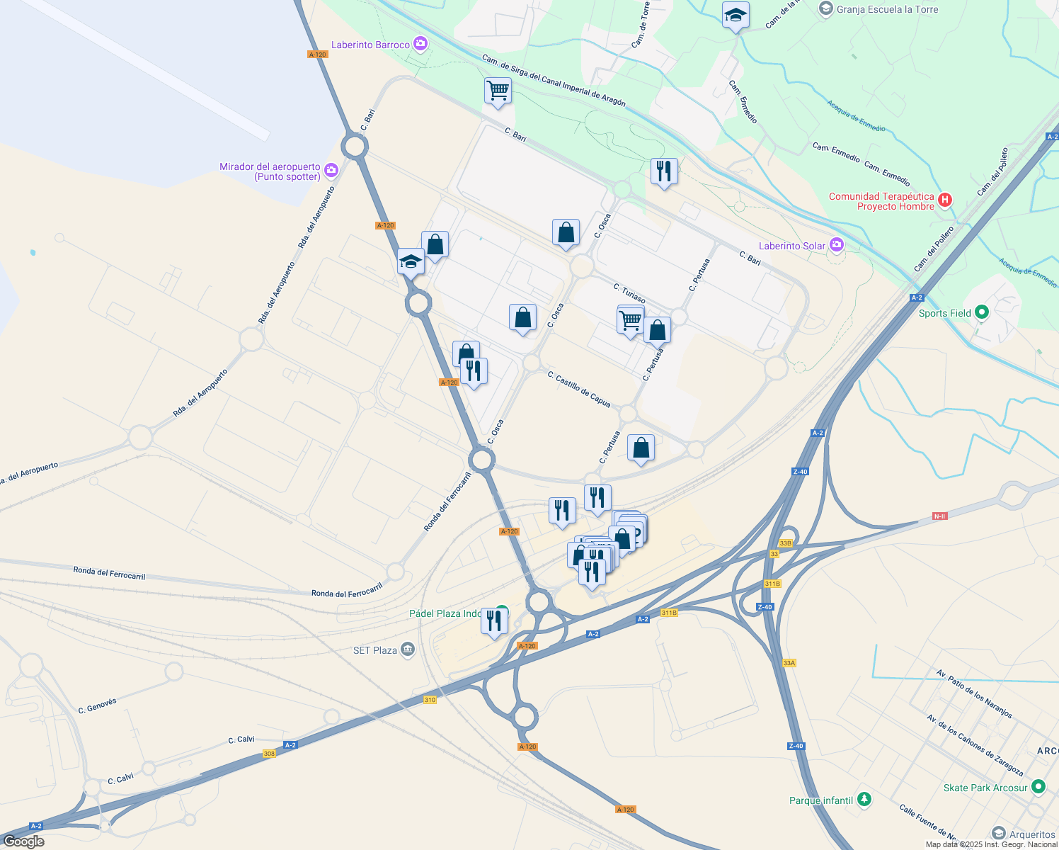 map of restaurants, bars, coffee shops, grocery stores, and more near in Zaragoza