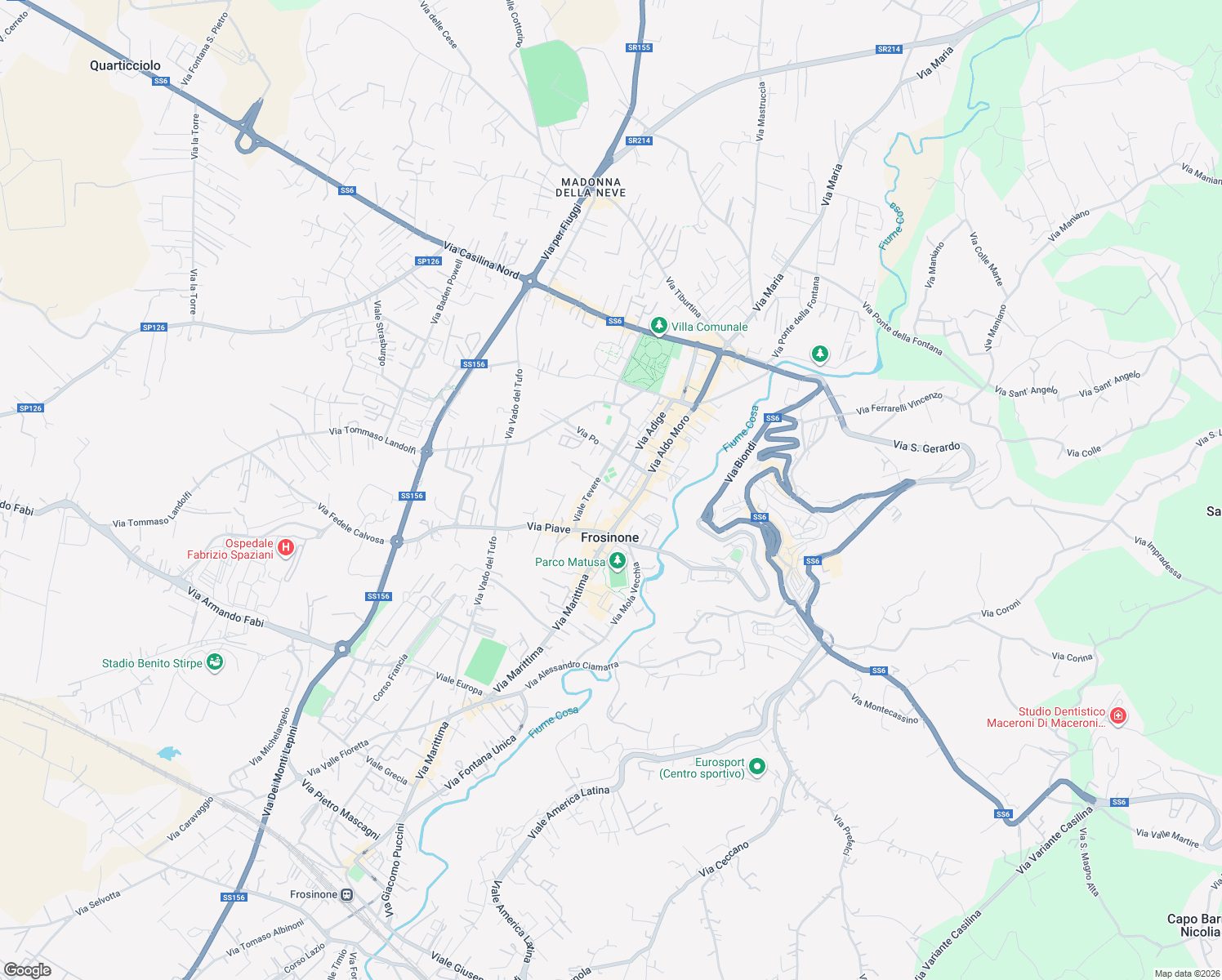 map of restaurants, bars, coffee shops, grocery stores, and more near 37 Via Arno in Frosinone