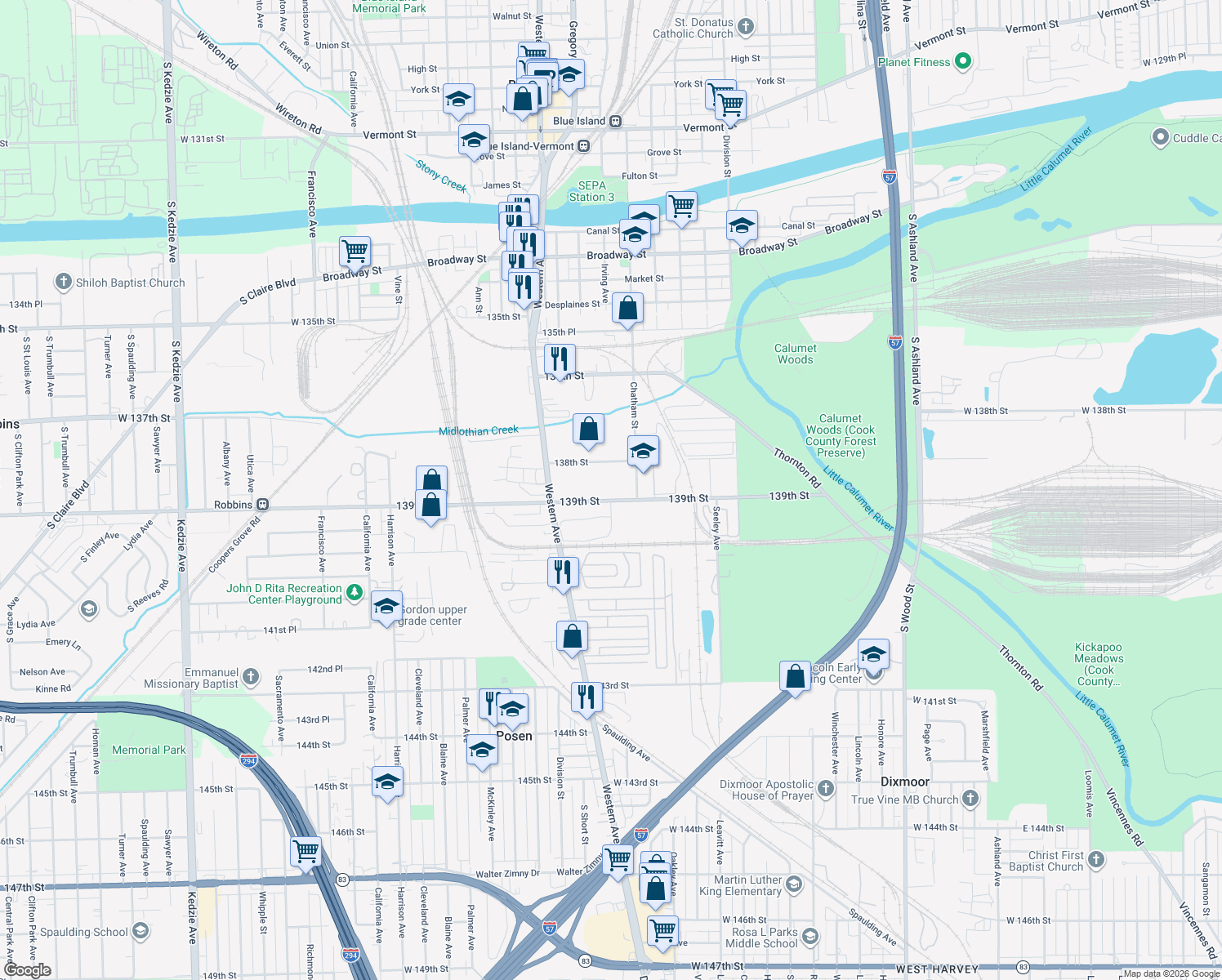 map of restaurants, bars, coffee shops, grocery stores, and more near 2248 West 139th Street in Blue Island