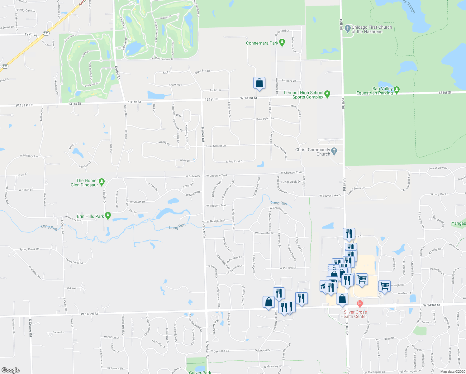map of restaurants, bars, coffee shops, grocery stores, and more near 13609 South Potawatomi Trail in Lockport
