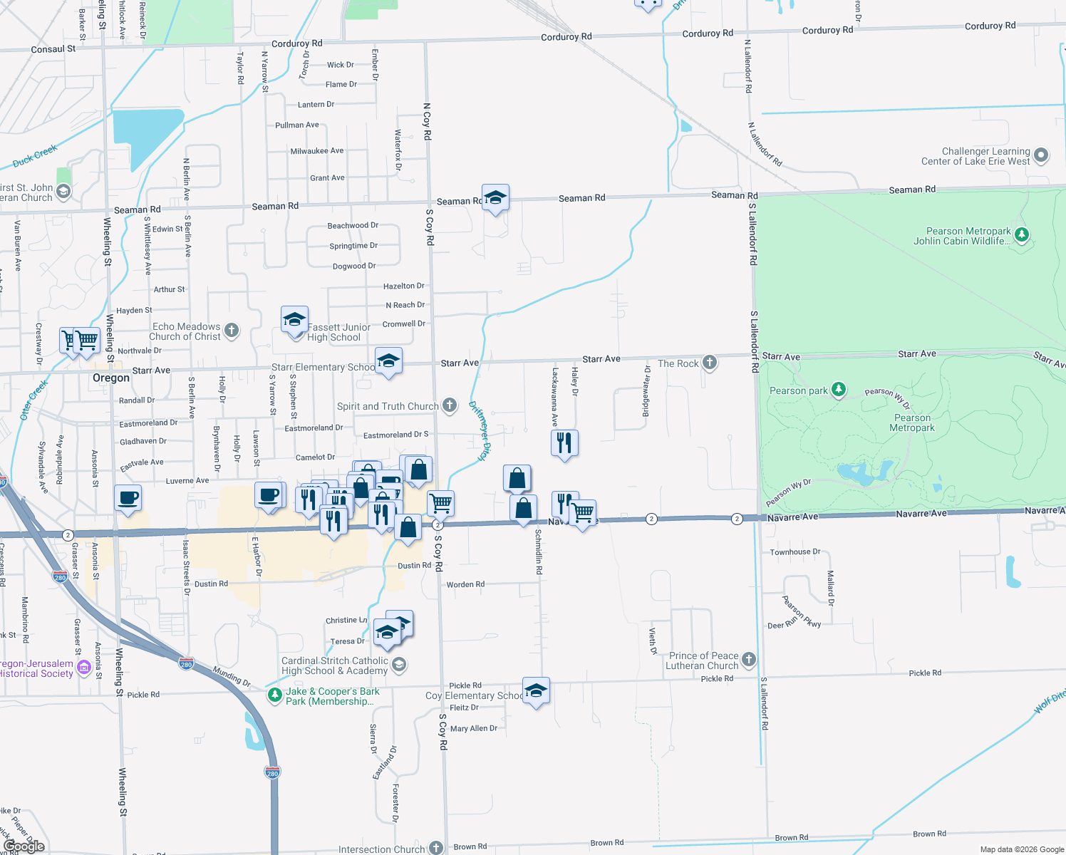 map of restaurants, bars, coffee shops, grocery stores, and more near 543 Georgetown Drive in Oregon