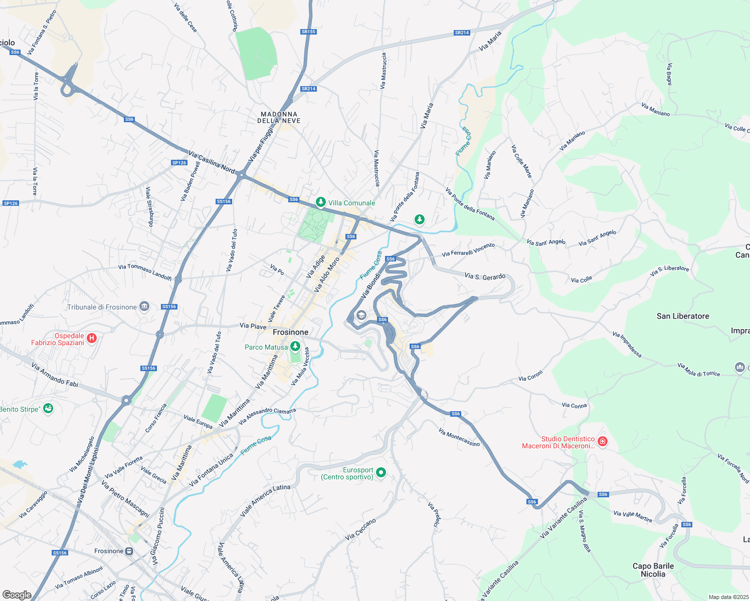 map of restaurants, bars, coffee shops, grocery stores, and more near 38 Via Casilina in Frosinone