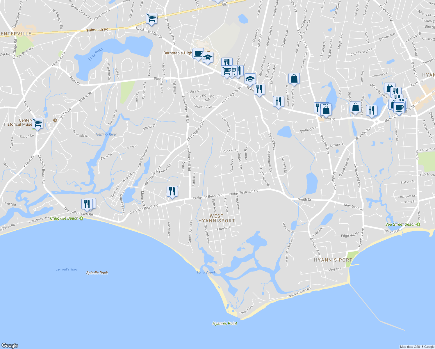 map of restaurants, bars, coffee shops, grocery stores, and more near 71 Tobey Way in Barnstable
