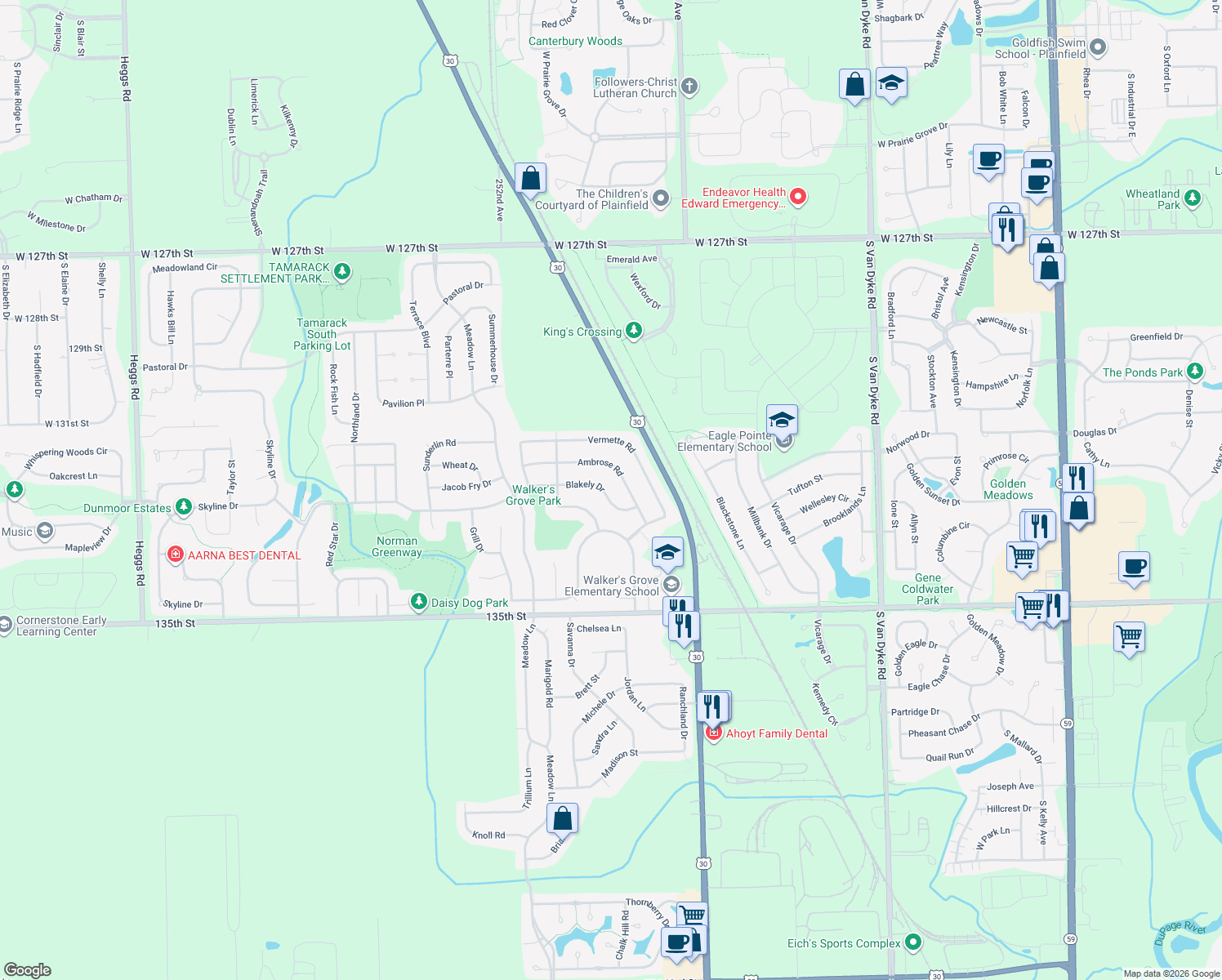 map of restaurants, bars, coffee shops, grocery stores, and more near 24930 Blakely Dr in Plainfield