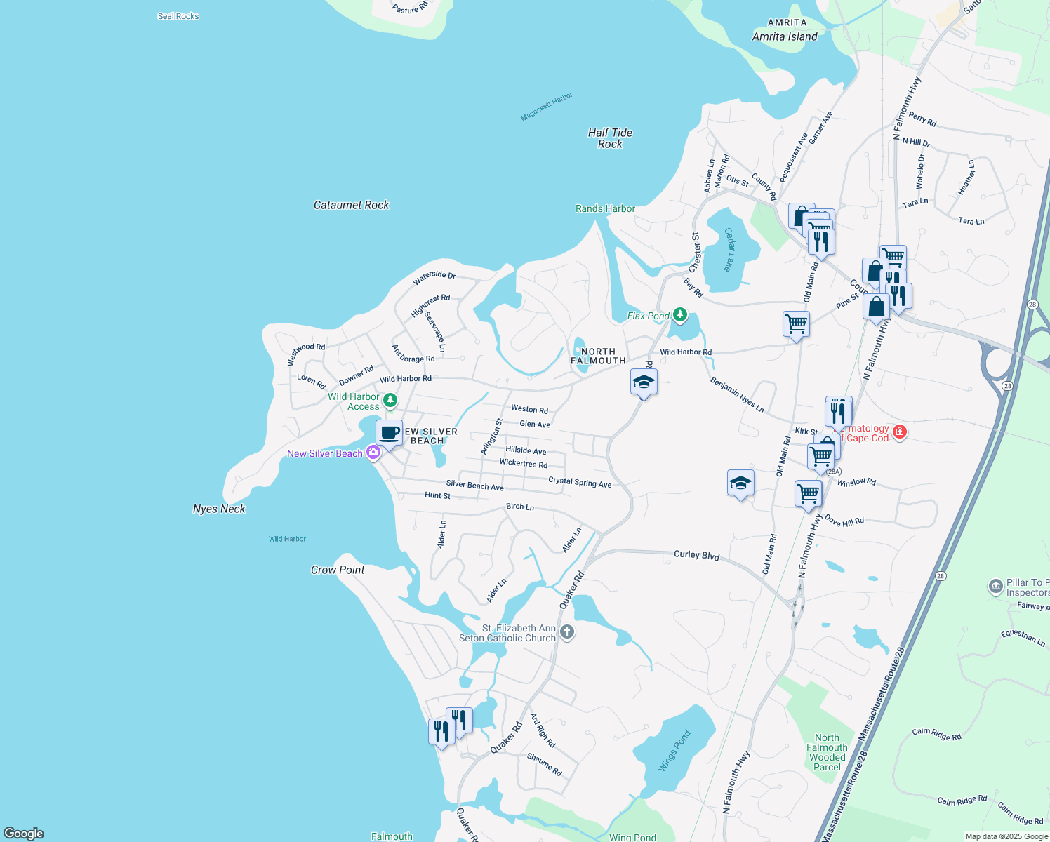map of restaurants, bars, coffee shops, grocery stores, and more near 59 Glen Avenue in Falmouth