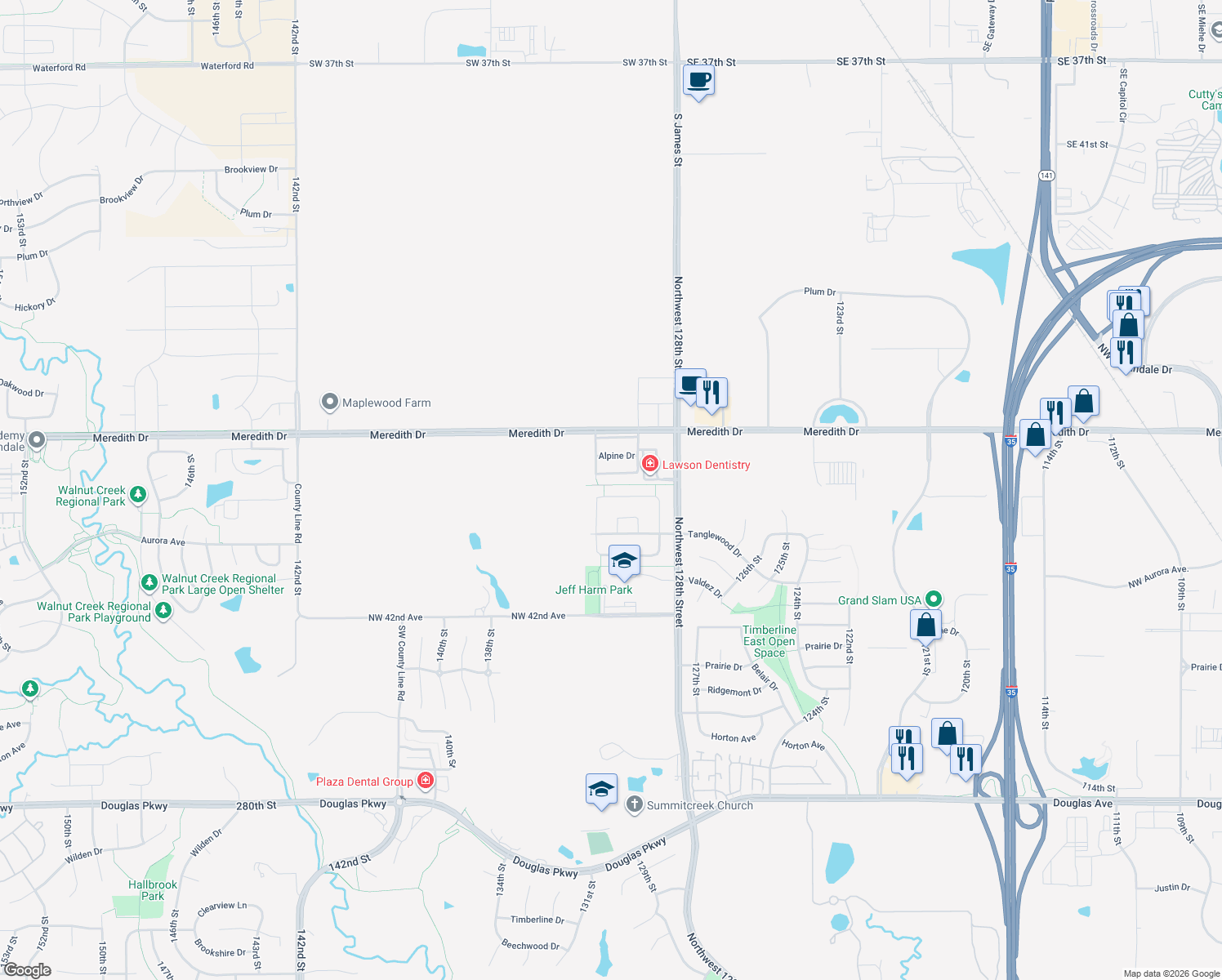 map of restaurants, bars, coffee shops, grocery stores, and more near 13105 Westbrook Drive in Urbandale