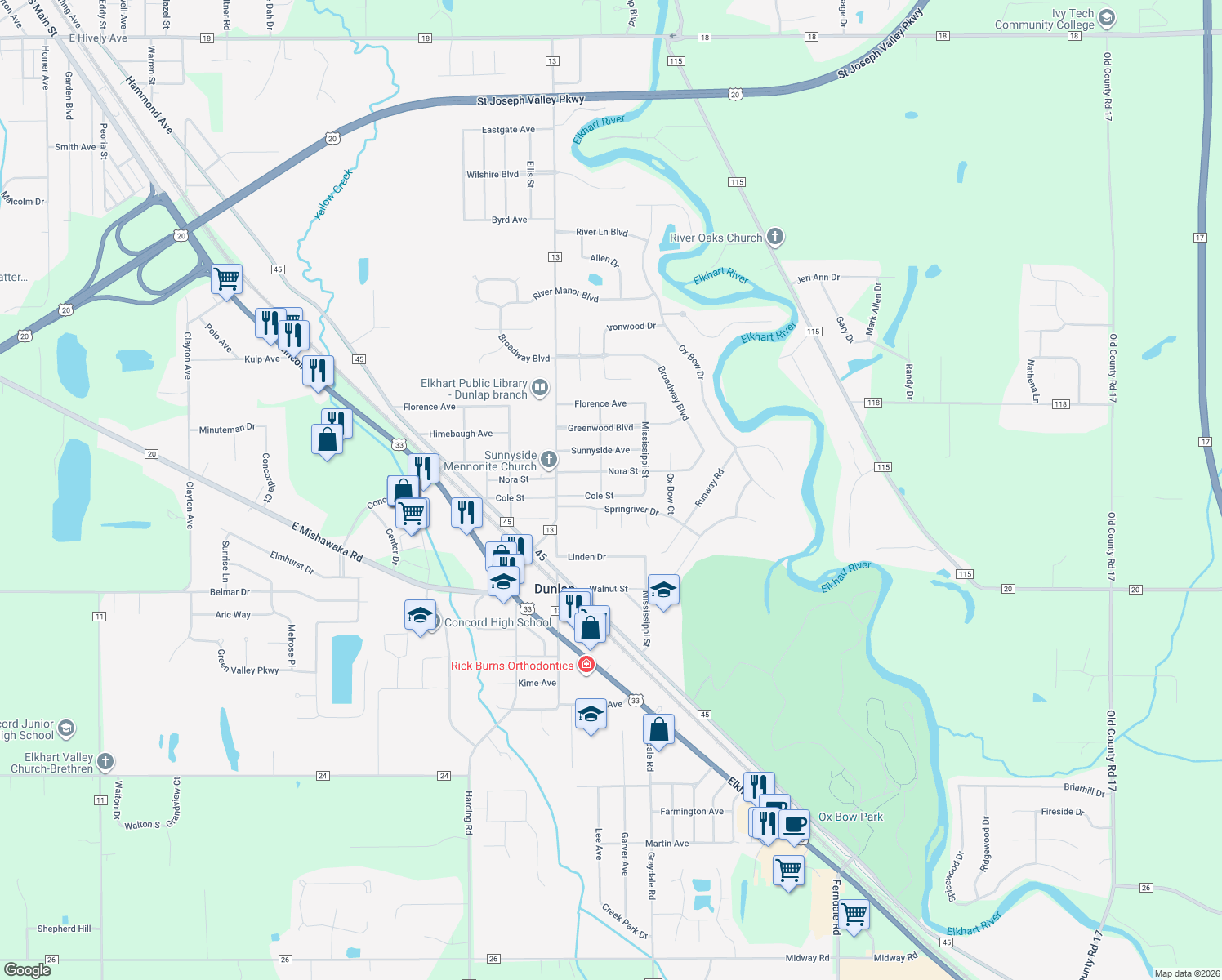 map of restaurants, bars, coffee shops, grocery stores, and more near 23611 Cole St in Elkhart