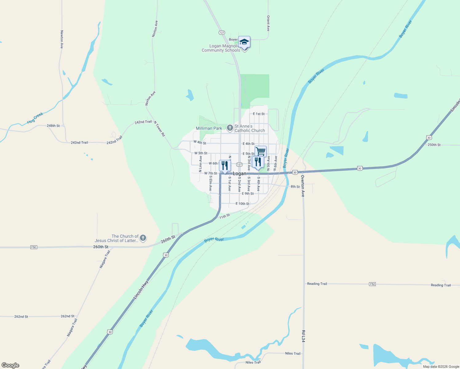 map of restaurants, bars, coffee shops, grocery stores, and more near 211 South 1st Avenue in Logan