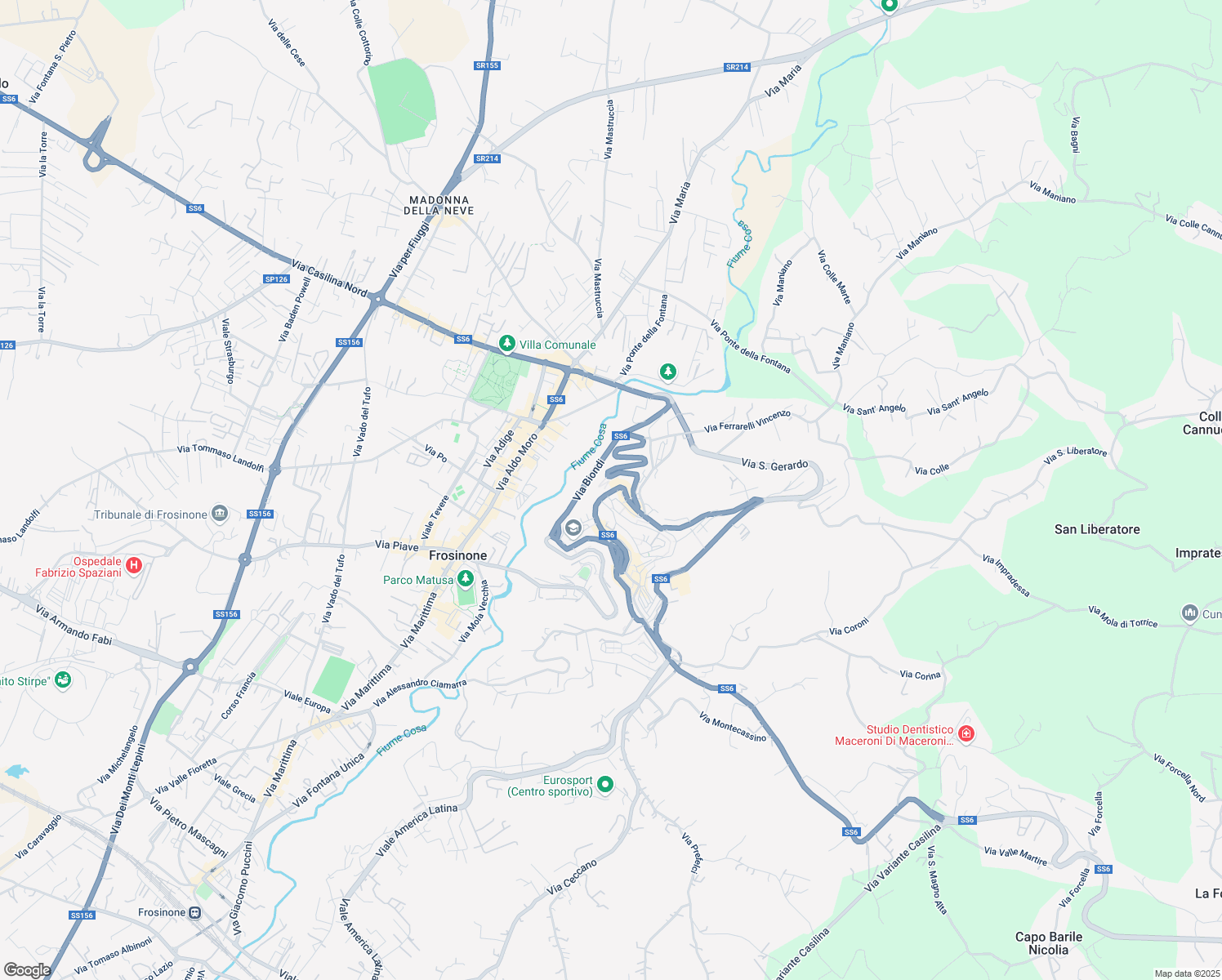 map of restaurants, bars, coffee shops, grocery stores, and more near 38 Via Casilina Nord in Frosinone