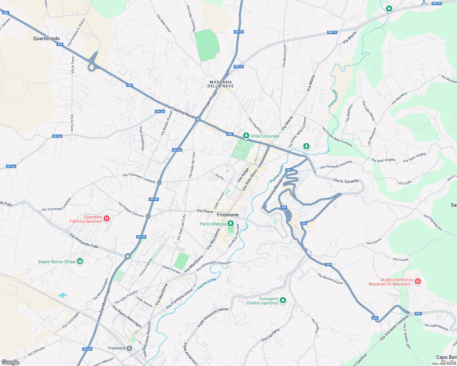 map of restaurants, bars, coffee shops, grocery stores, and more near 1 Via Po in Frosinone