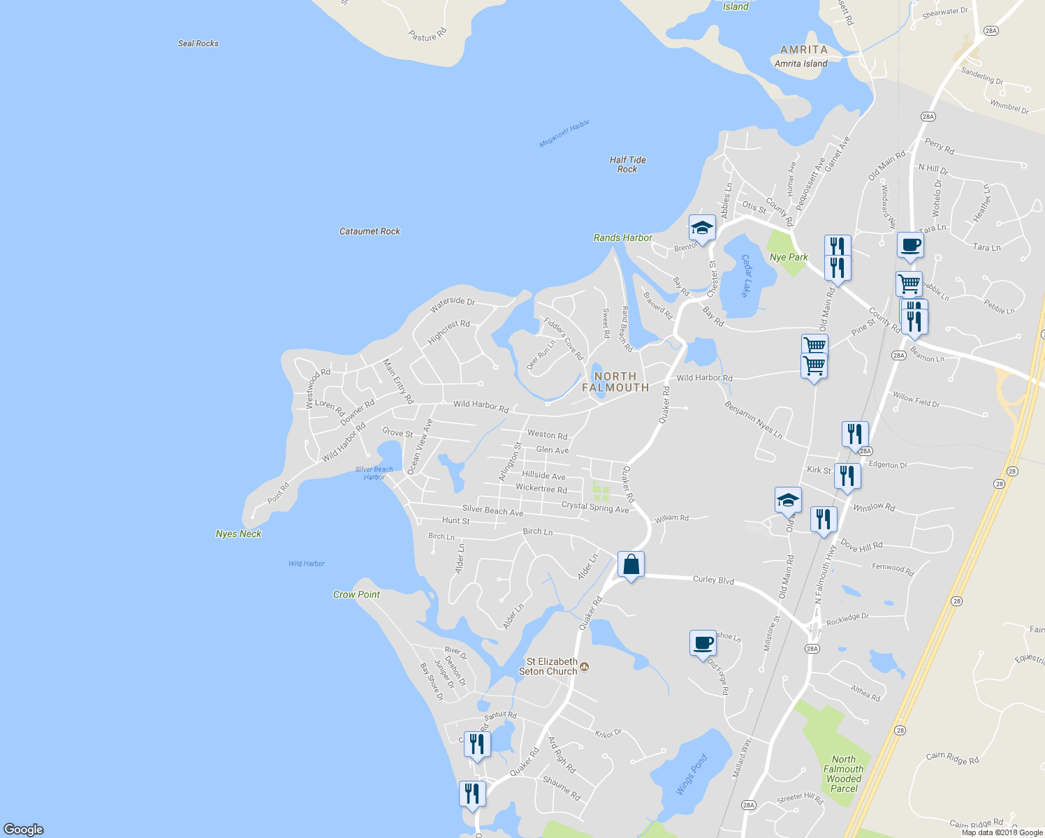 map of restaurants, bars, coffee shops, grocery stores, and more near 256 Wild Harbor Road in Falmouth