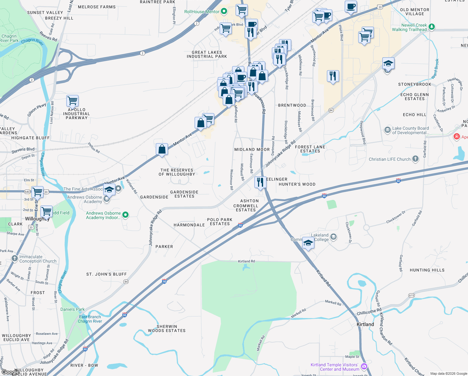 map of restaurants, bars, coffee shops, grocery stores, and more near 7339 Johnnycake Ridge Road in Mentor