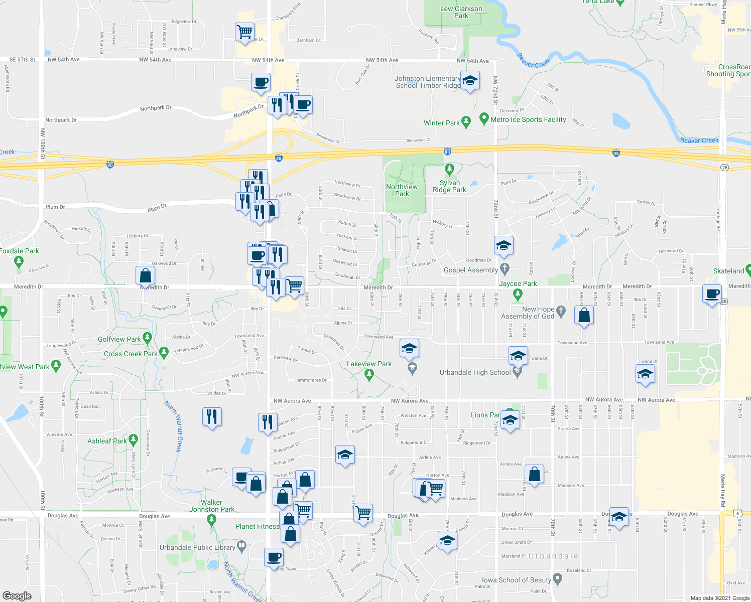 map of restaurants, bars, coffee shops, grocery stores, and more near 4511 80th Place in Urbandale