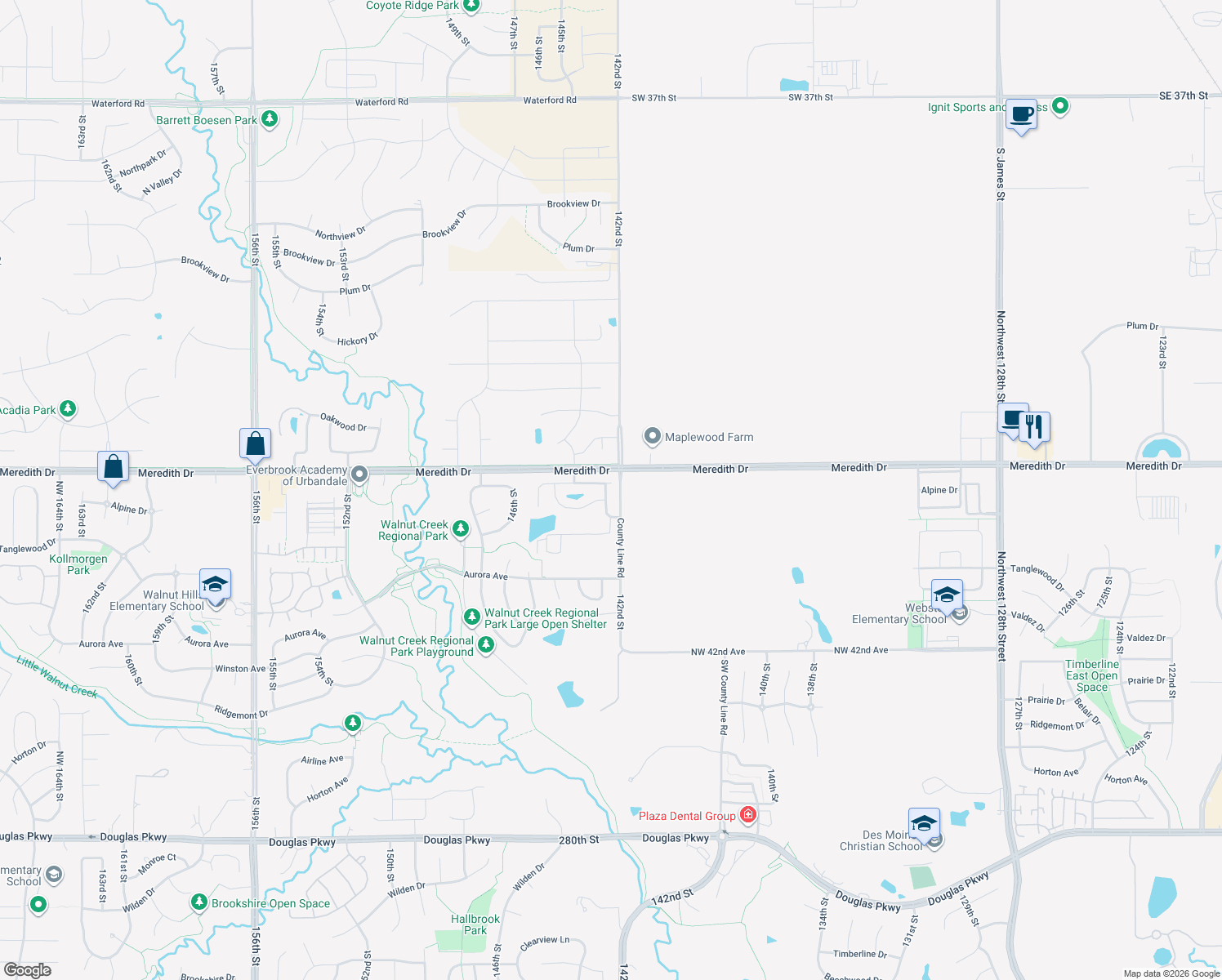map of restaurants, bars, coffee shops, grocery stores, and more near 4527 143rd Street in Urbandale