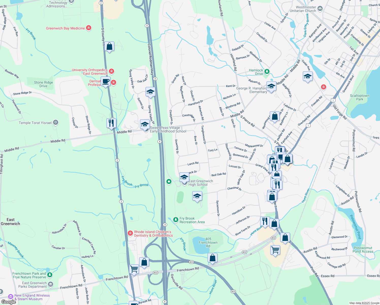 map of restaurants, bars, coffee shops, grocery stores, and more near 15 Devon Court in East Greenwich