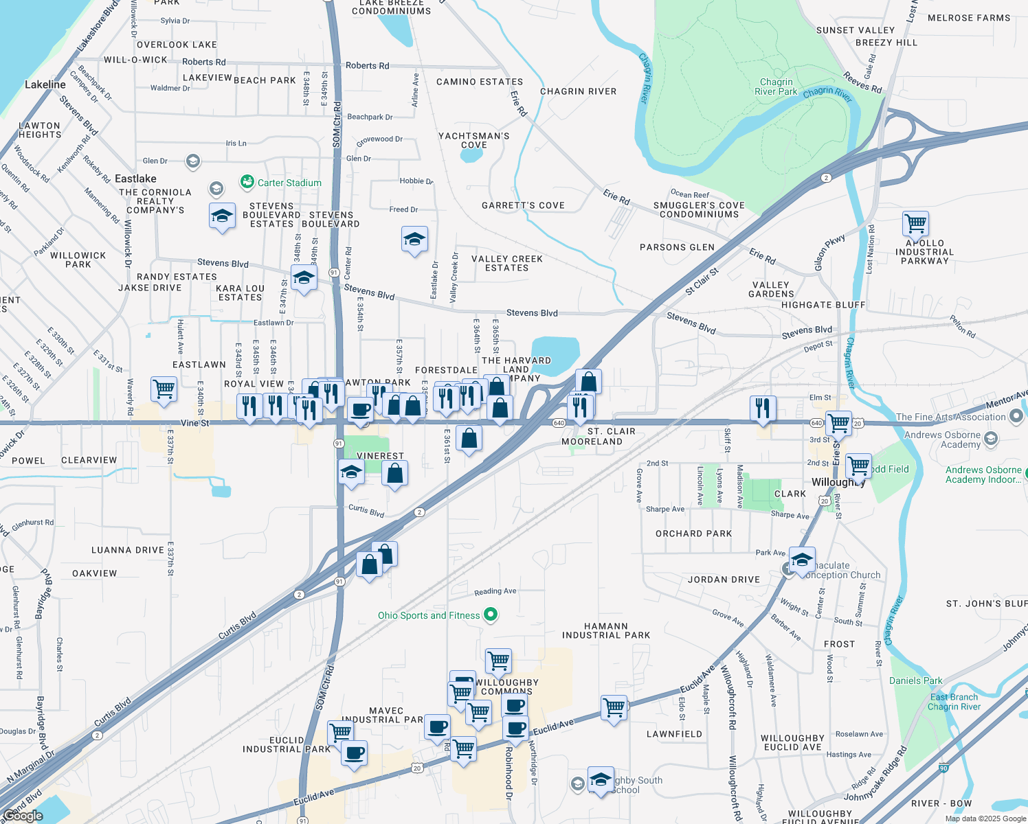 map of restaurants, bars, coffee shops, grocery stores, and more near 36625 Vine Street in Kirtland