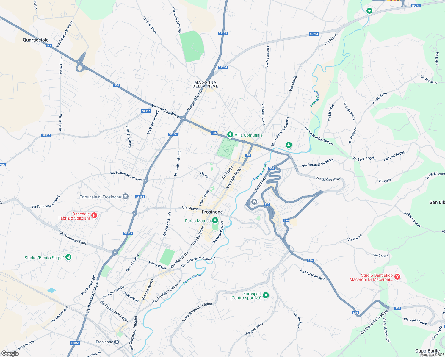 map of restaurants, bars, coffee shops, grocery stores, and more near 30 Via Adige in Frosinone