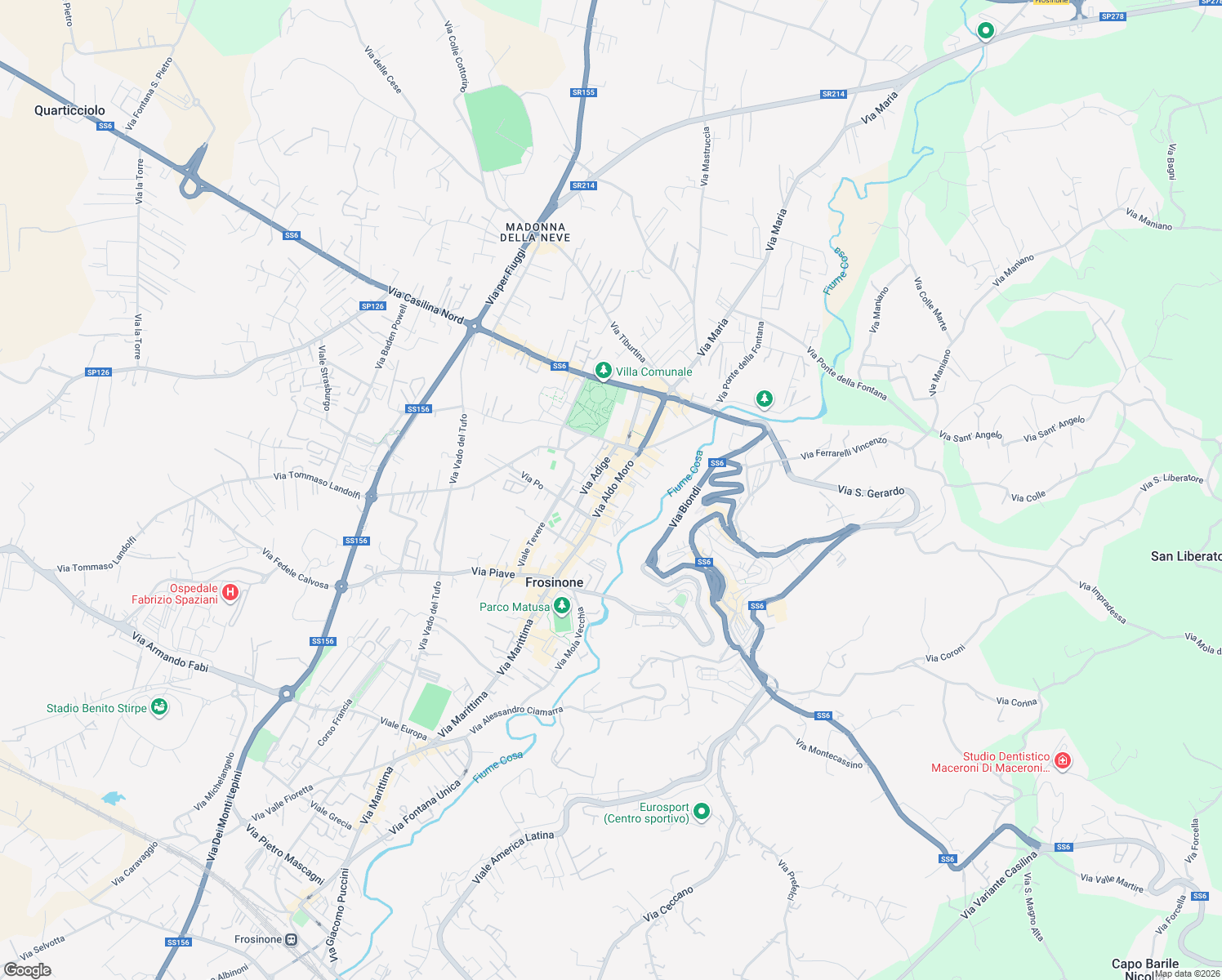 map of restaurants, bars, coffee shops, grocery stores, and more near 317 Via Moro Aldo in Frosinone