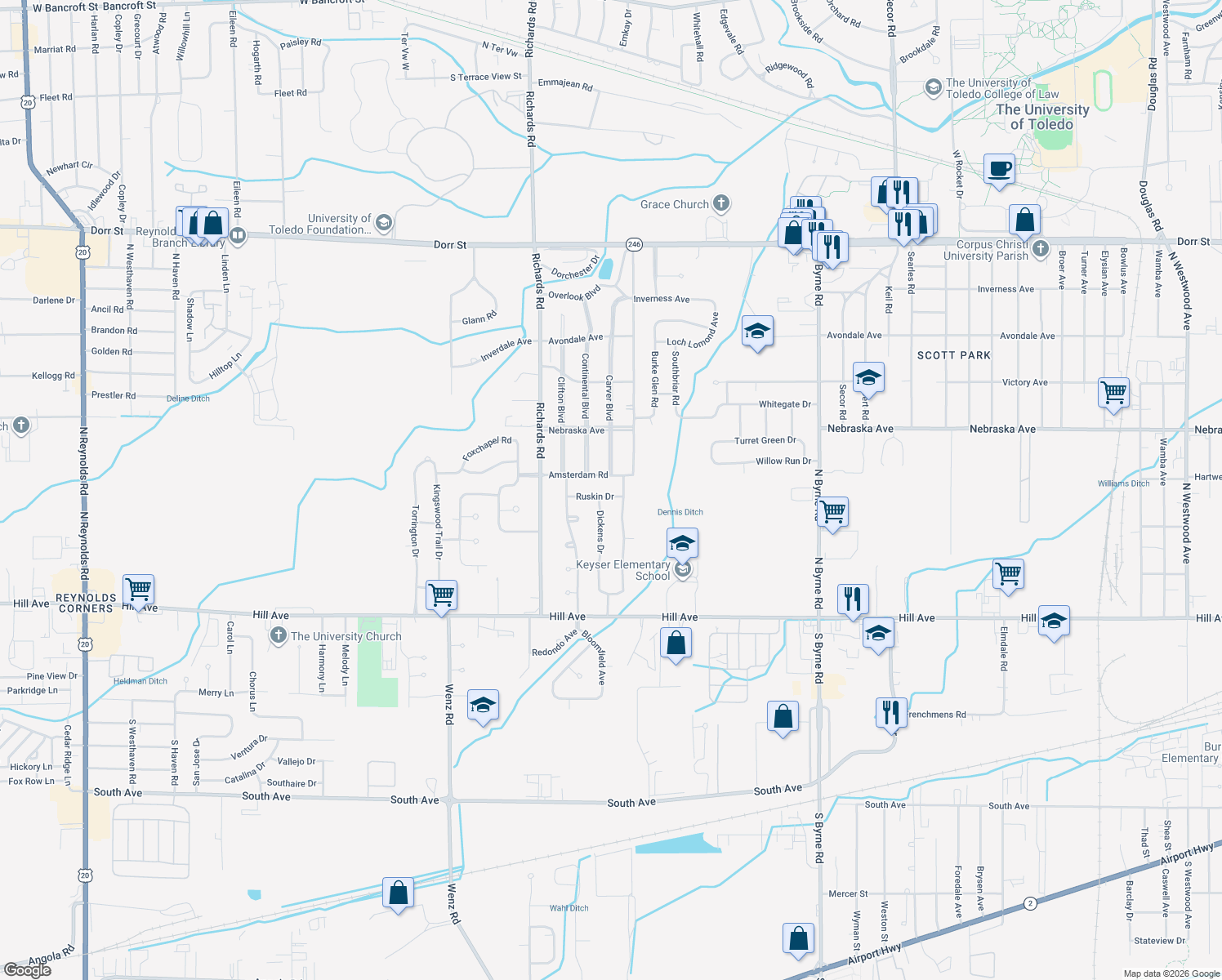 map of restaurants, bars, coffee shops, grocery stores, and more near 4034 Ruskin Dr in Toledo