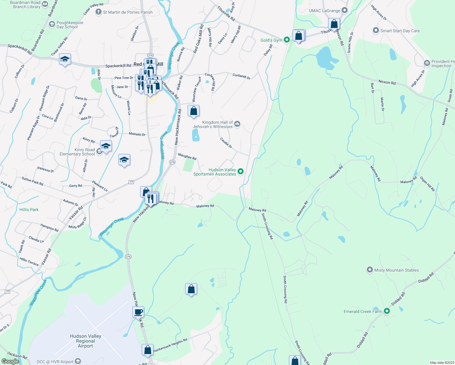 map of restaurants, bars, coffee shops, grocery stores, and more near 132 Macghee Rd in Poughkeepsie