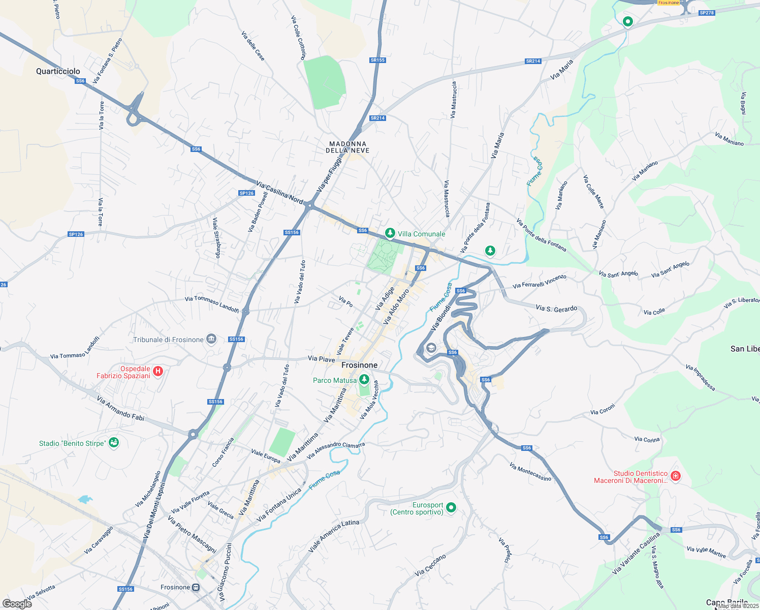 map of restaurants, bars, coffee shops, grocery stores, and more near 30 Via Adige in Frosinone